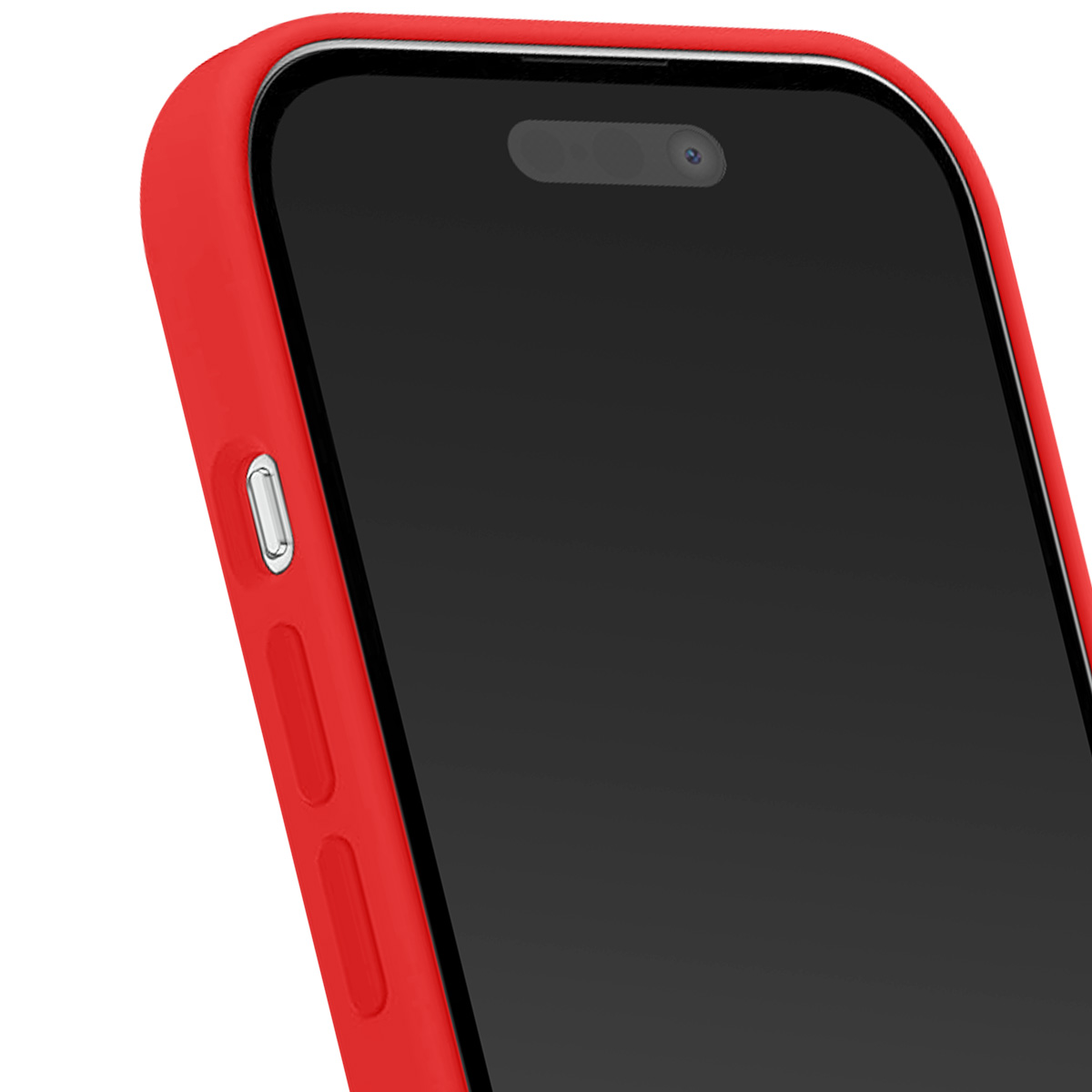Primo piano di uno smartphone con custodia protettiva rossa. Lo schermo è nero. La custodia ha un pulsante di accensione e pulsanti del volume.