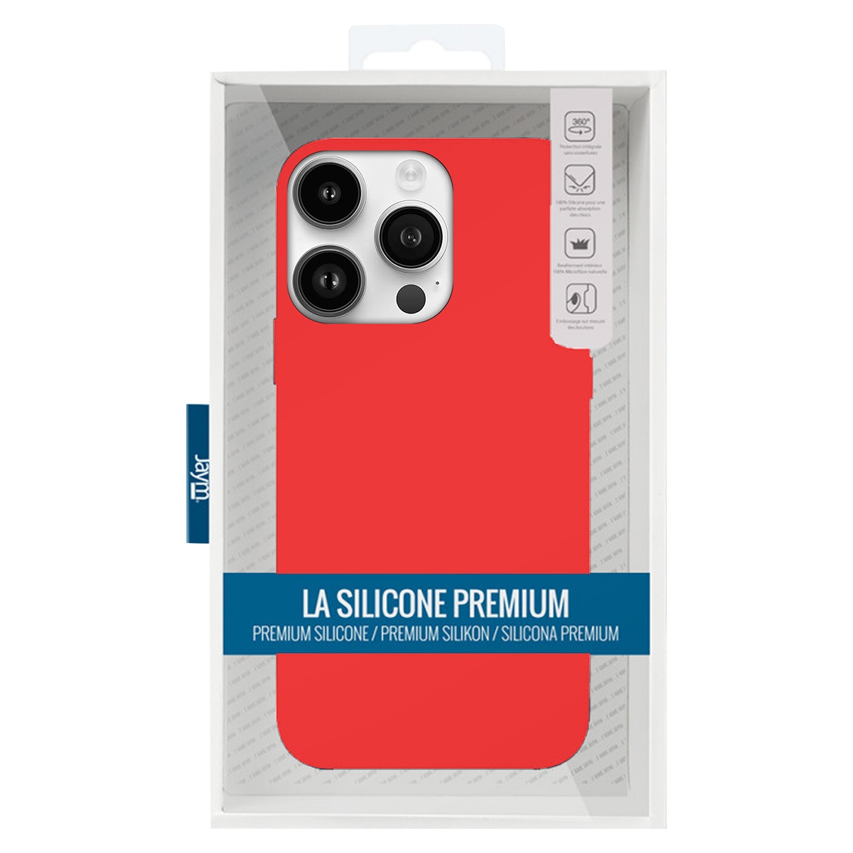 Una custodia rossa per telefono in una scatola di plastica trasparente. Sulla custodia c'è scritto "LA SILICONE PREMIUM". La scatola ha icone.