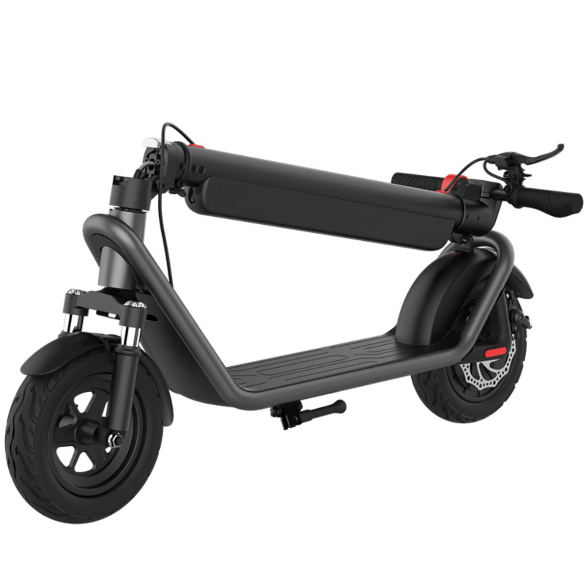 Czarna hulajnoga elektryczna na białym tle. Ma dwa koła, platformę, kierownicę i baterię.