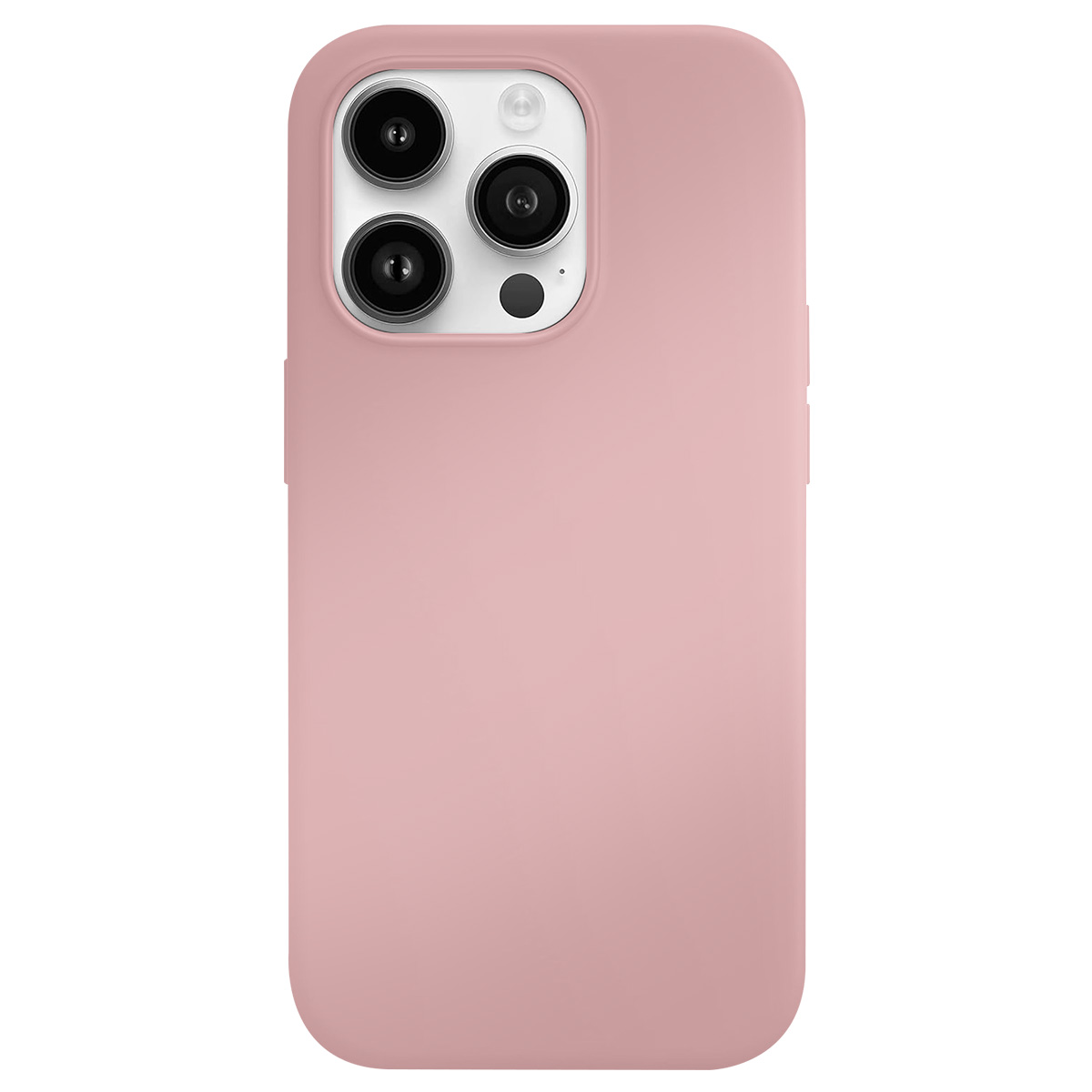 Una custodia rosa per telefono su sfondo bianco, con più lenti della fotocamera e un flash.