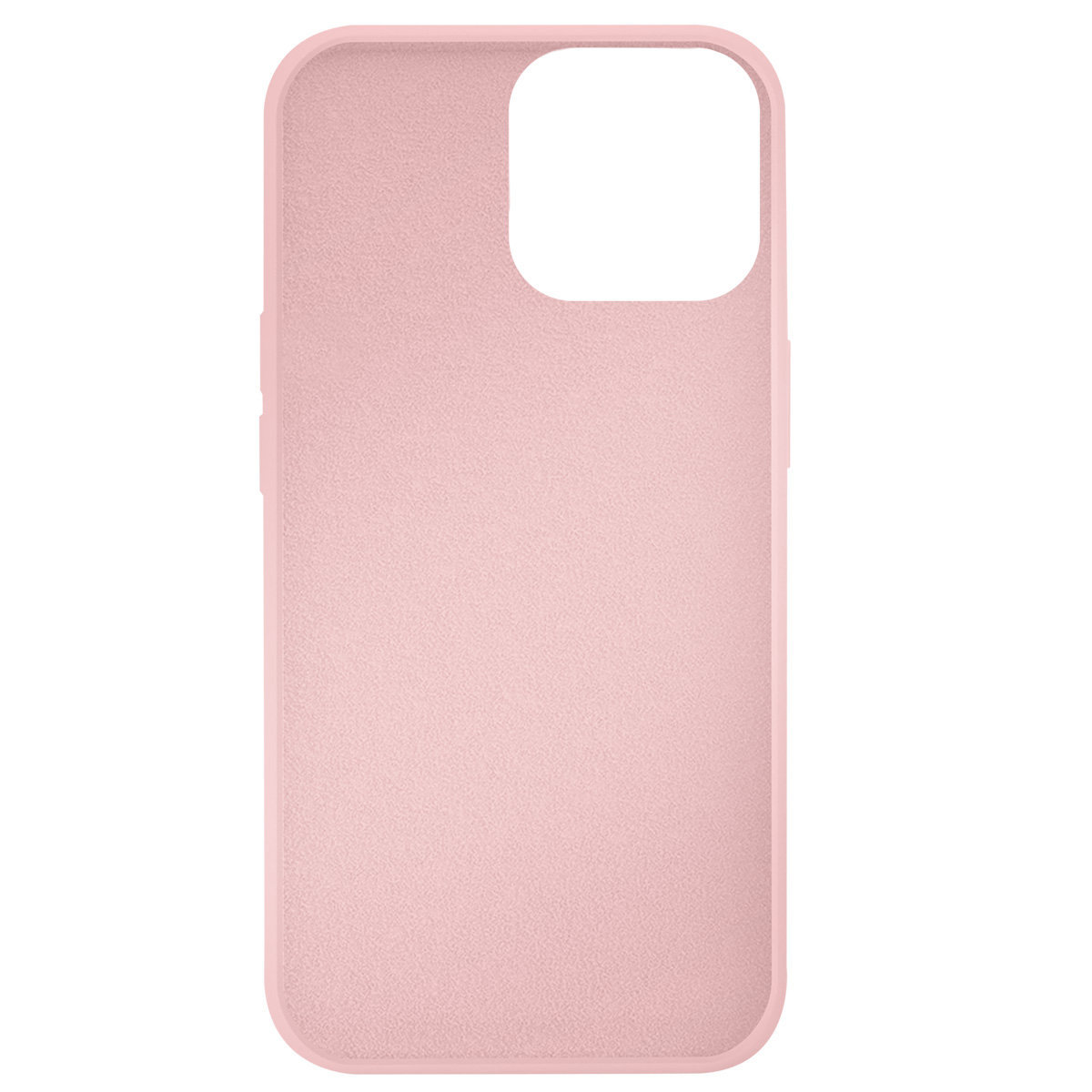 Una custodia per telefono rosa chiaro. Ha un ritaglio per la fotocamera e pulsanti laterali. La consistenza è leggermente ruvida.
