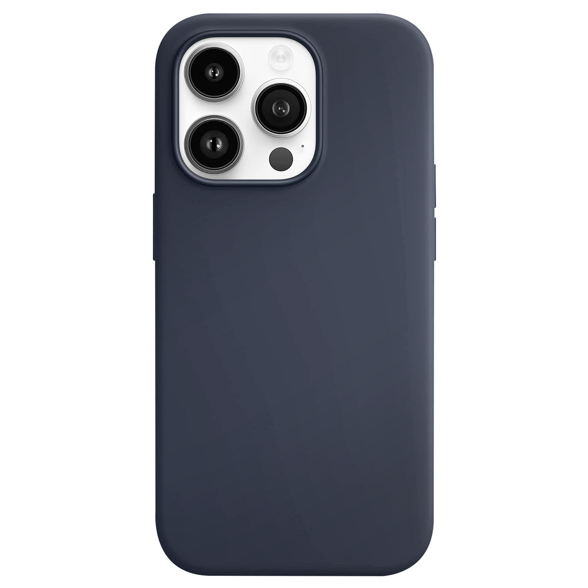 Custodia blu navy per telefono con obiettivi della fotocamera. Sono visibili quattro obiettivi e un flash. La custodia ha angoli arrotondati.