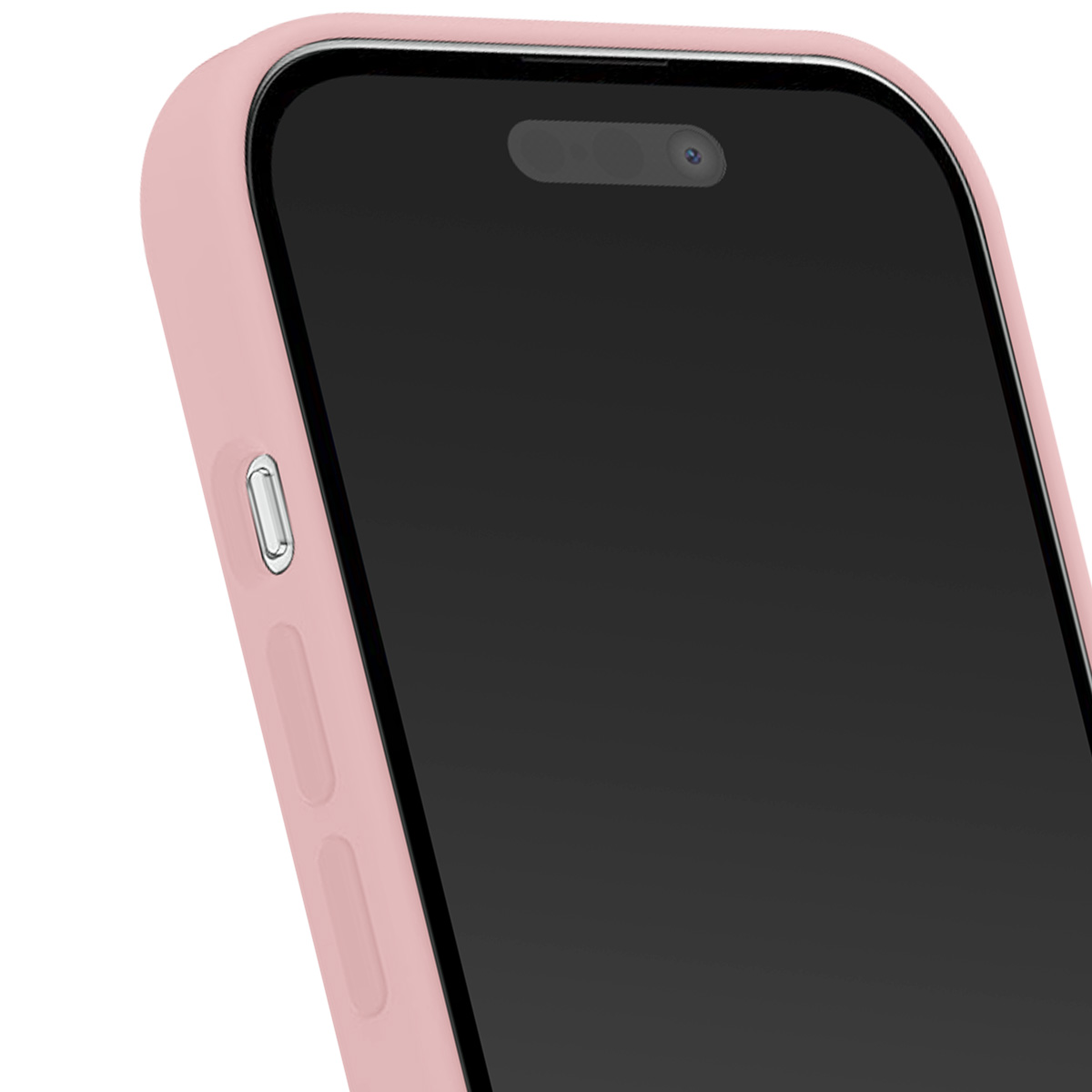 Una custodia rosa circonda un telefono con schermo nero. La custodia ha pulsanti e un ritaglio per la fotocamera.