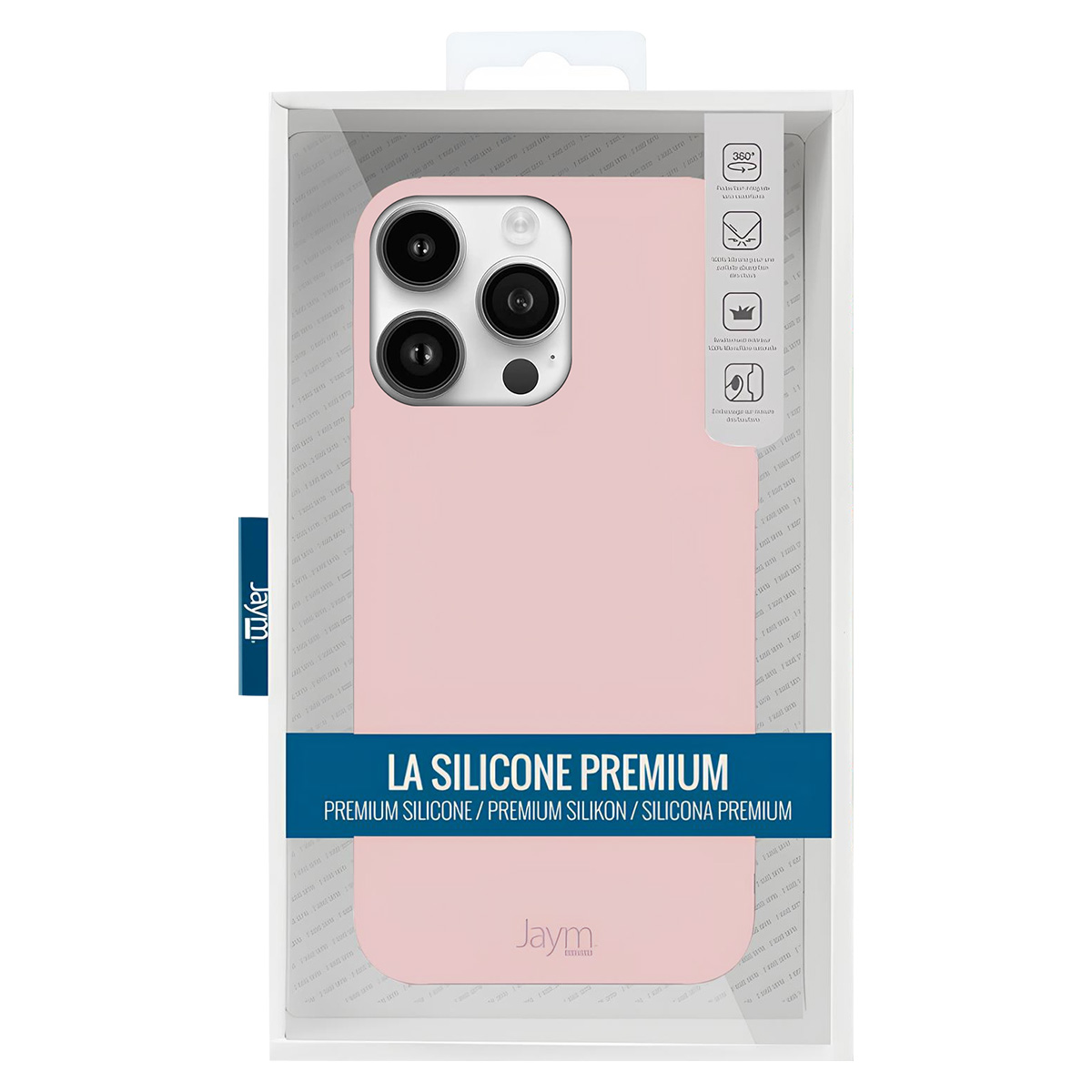 Una custodia rosa per telefono in una scatola trasparente. Il testo recita 'LA SILICONE PREMIUM' e presenta il marchio. La custodia ha tre lenti.