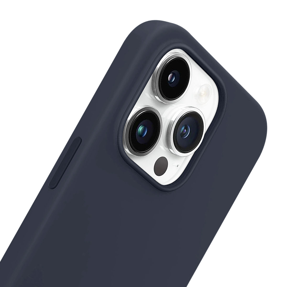 Custodia per telefono blu scuro con tre obiettivi della fotocamera. La custodia è realizzata in materiale liscio e ha un design elegante.