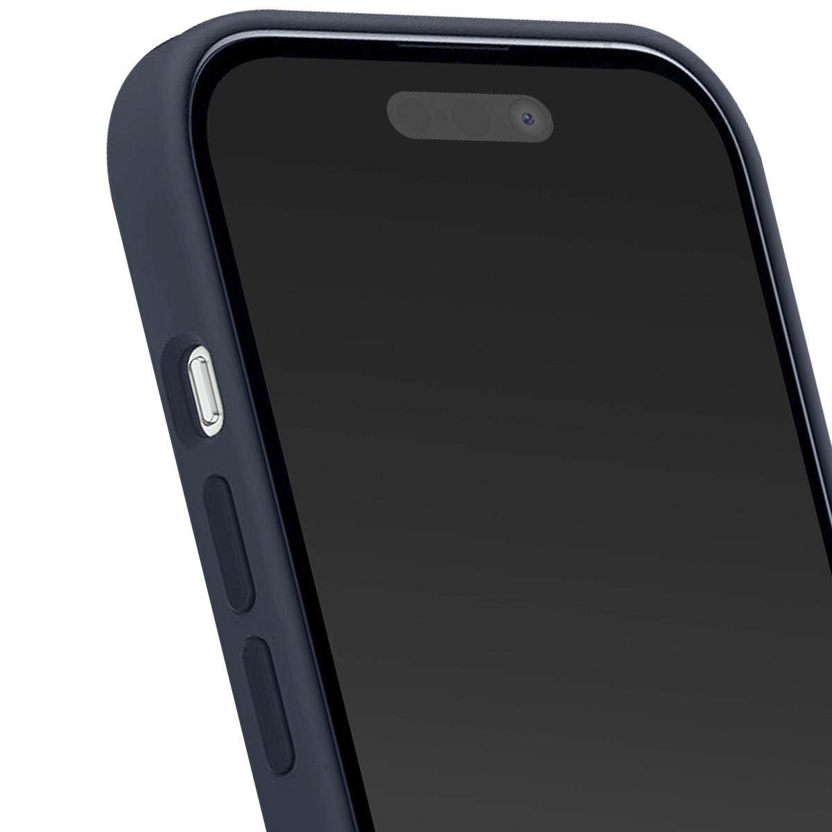 Primo piano di uno smartphone in una custodia blu scuro. Lo schermo è nero. I pulsanti sono visibili sul lato del telefono. La fotocamera è in alto.