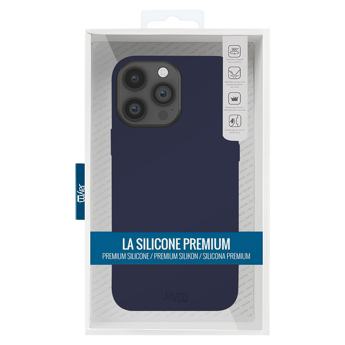 Una custodia per telefono in una scatola. La custodia è blu navy, con un contorno della fotocamera. Il testo dice "La Silicone Premium". Sono presenti anche diverse icone.
