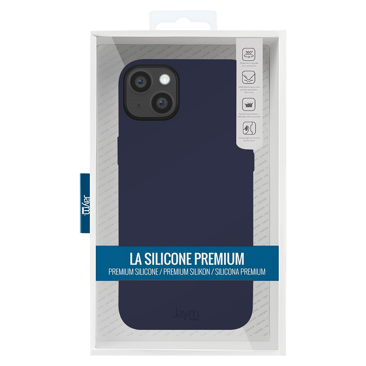 Una custodia per telefono blu navy in una confezione trasparente. Il testo dice 'LA SILICONE PREMIUM'. Logo del marchio a sinistra e a destra.