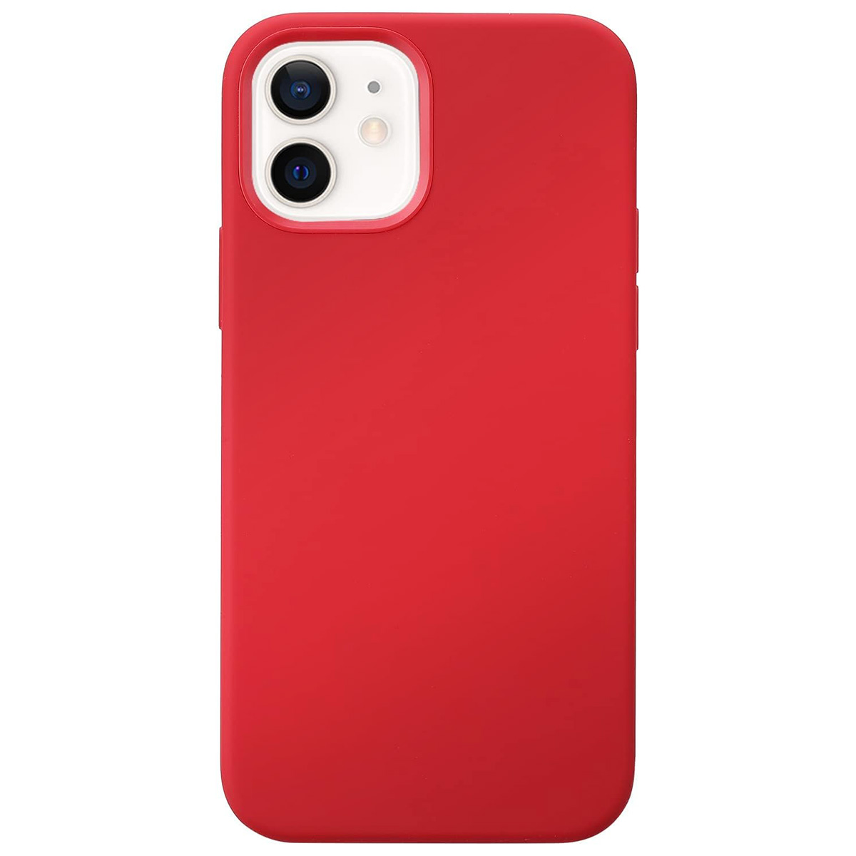 Una custodia rossa per iPhone con fotocamera e flash. La custodia è rosso pieno, con un modulo fotocamera bianco. Angoli arrotondati.