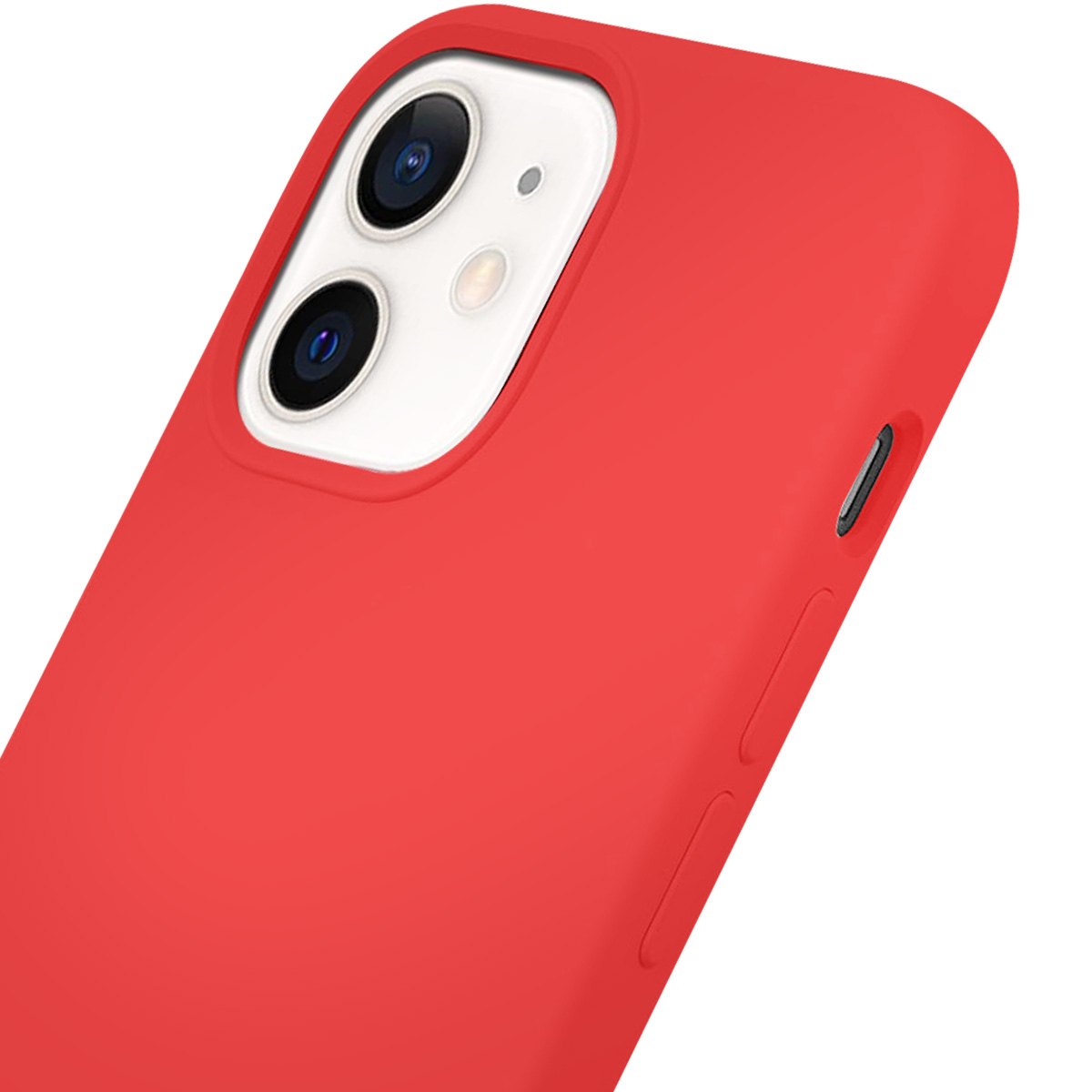 Viene mostrata una custodia rossa per telefono con un modulo fotocamera. La fotocamera ha due lenti, un flash e uno sfondo bianco.