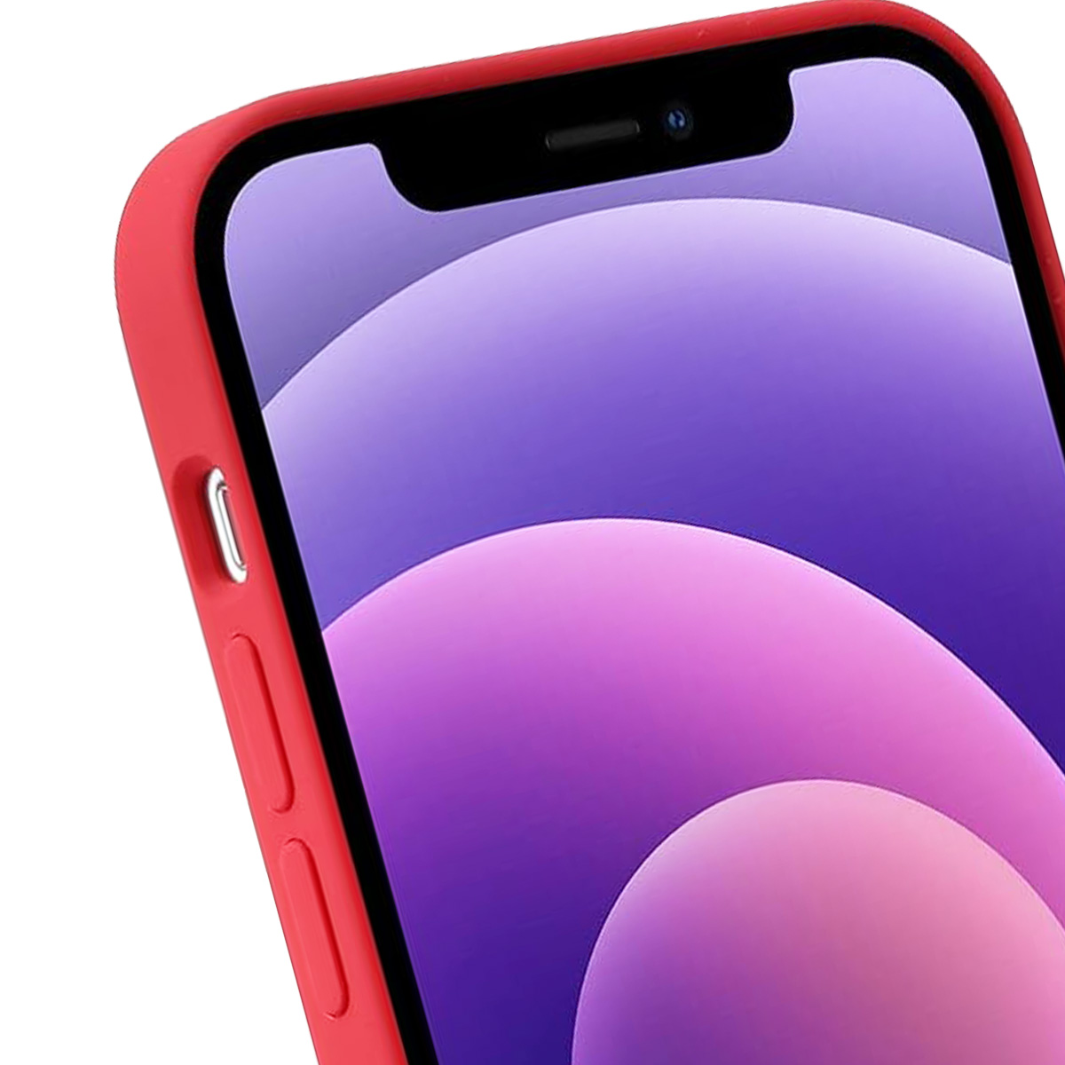 Primo piano di uno smartphone con custodia rossa. Lo schermo mostra una sfumatura viola e rosa. Pulsante argentato laterale.