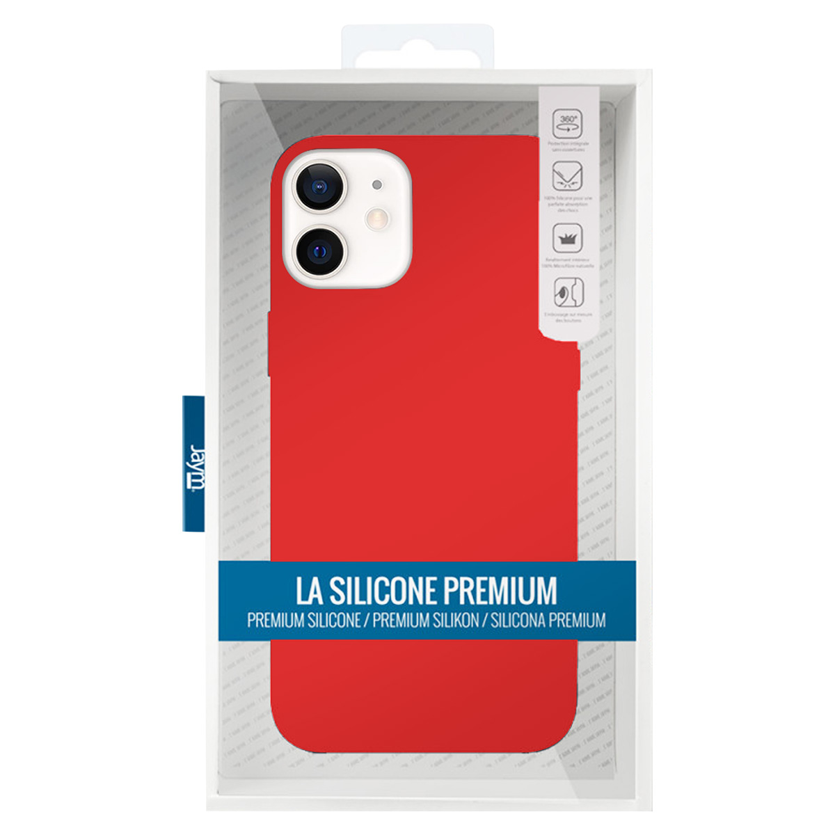 Una custodia rossa per telefono è esposta all'interno di una confezione di plastica trasparente. Il testo sulla custodia recita 'LA SILICONE PREMIUM'.