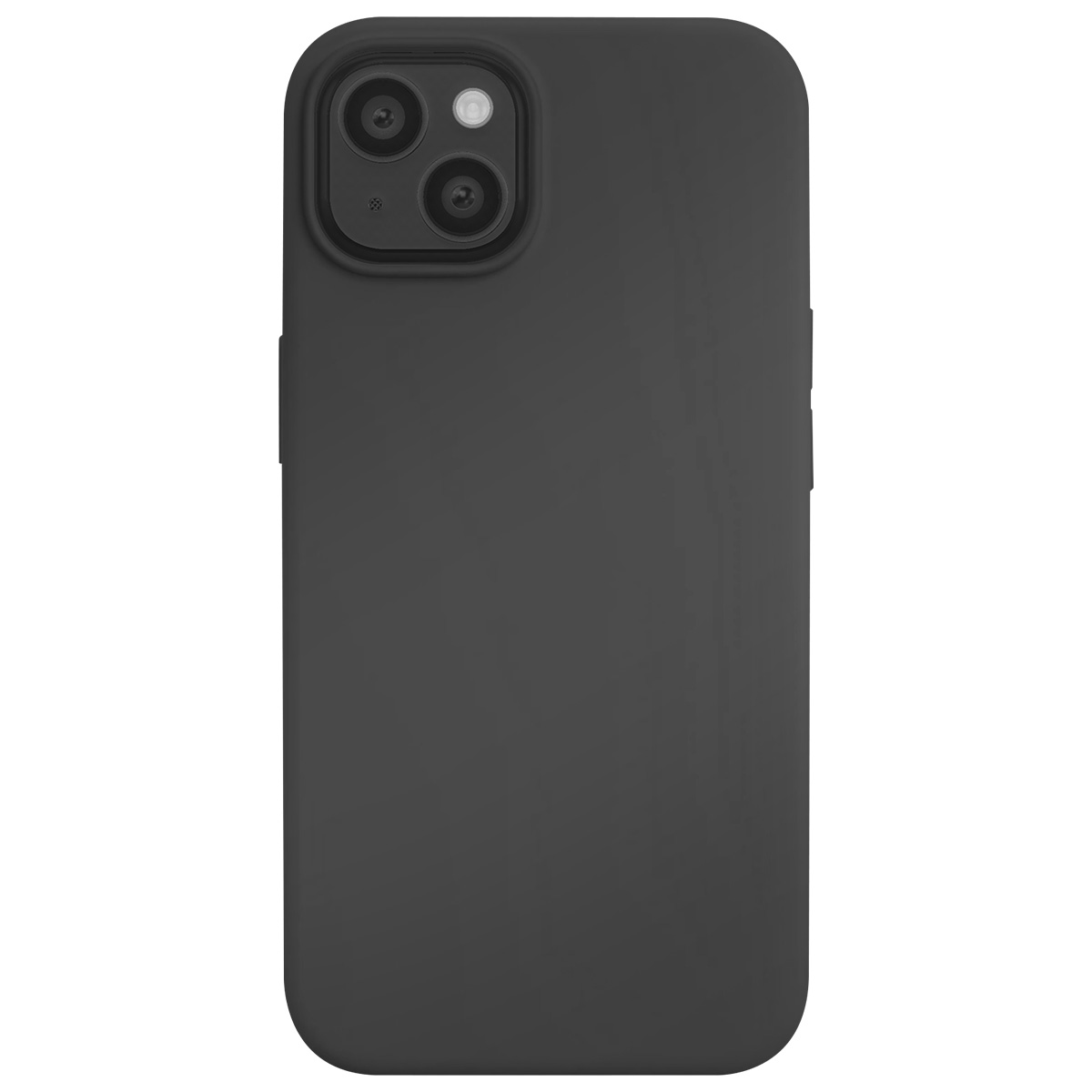 Una custodia nera per iPhone è centrata, mostrando il modulo fotocamera con due lenti e flash. La custodia è liscia e lo sfondo è bianco.