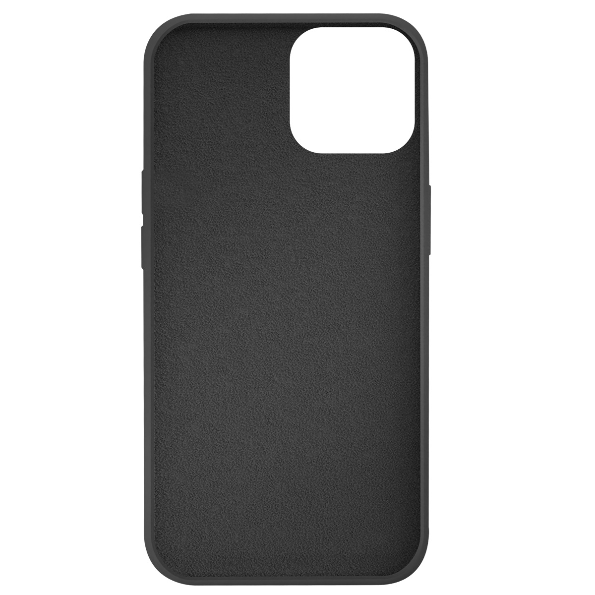Una custodia nera per telefono con foro per fotocamera e pulsanti del volume su sfondo bianco.