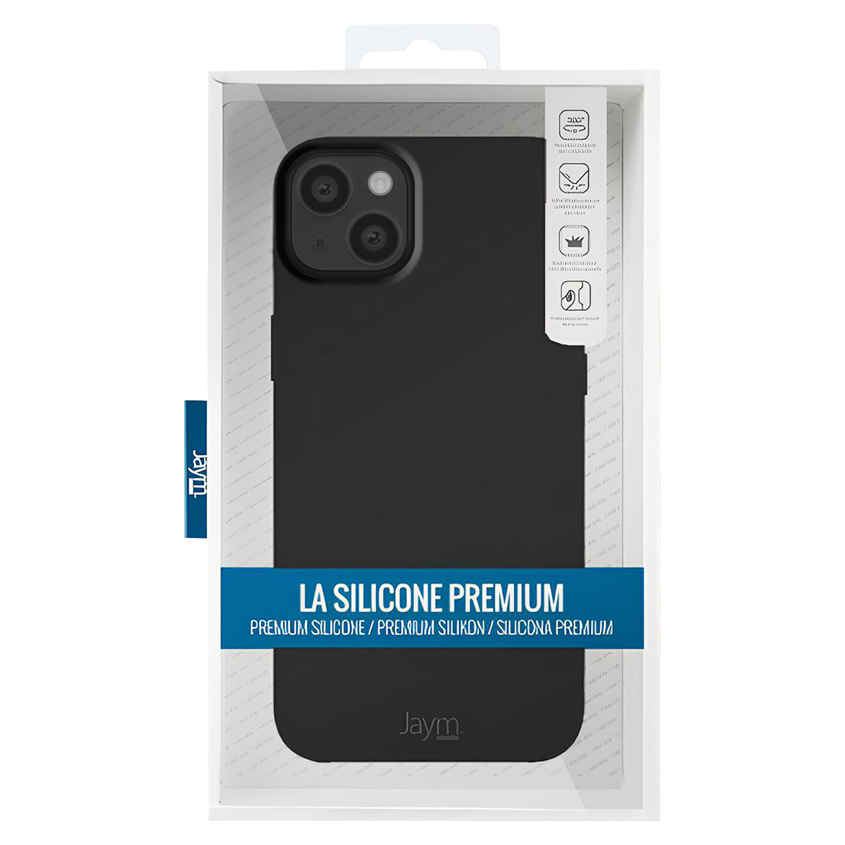 Una custodia nera per telefono in una confezione trasparente. La custodia è etichettata 'LA SILICONE PREMIUM'. Il marchio 'Jaym' è visibile.