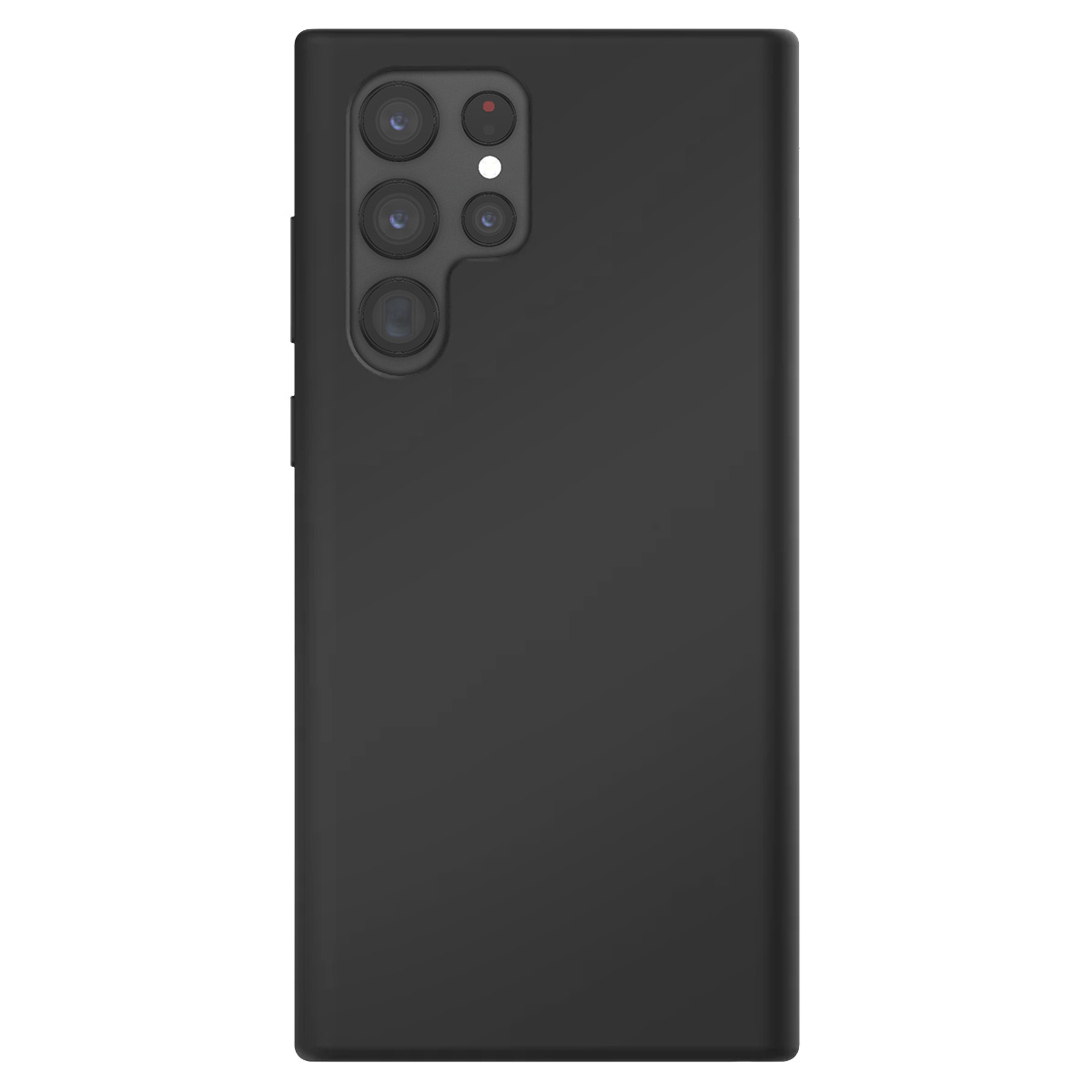 Retro di smartphone nero con più lenti della fotocamera. Forma rettangolare, finitura opaca. Gruppo fotocamere visibile in alto. Sfondo bianco.