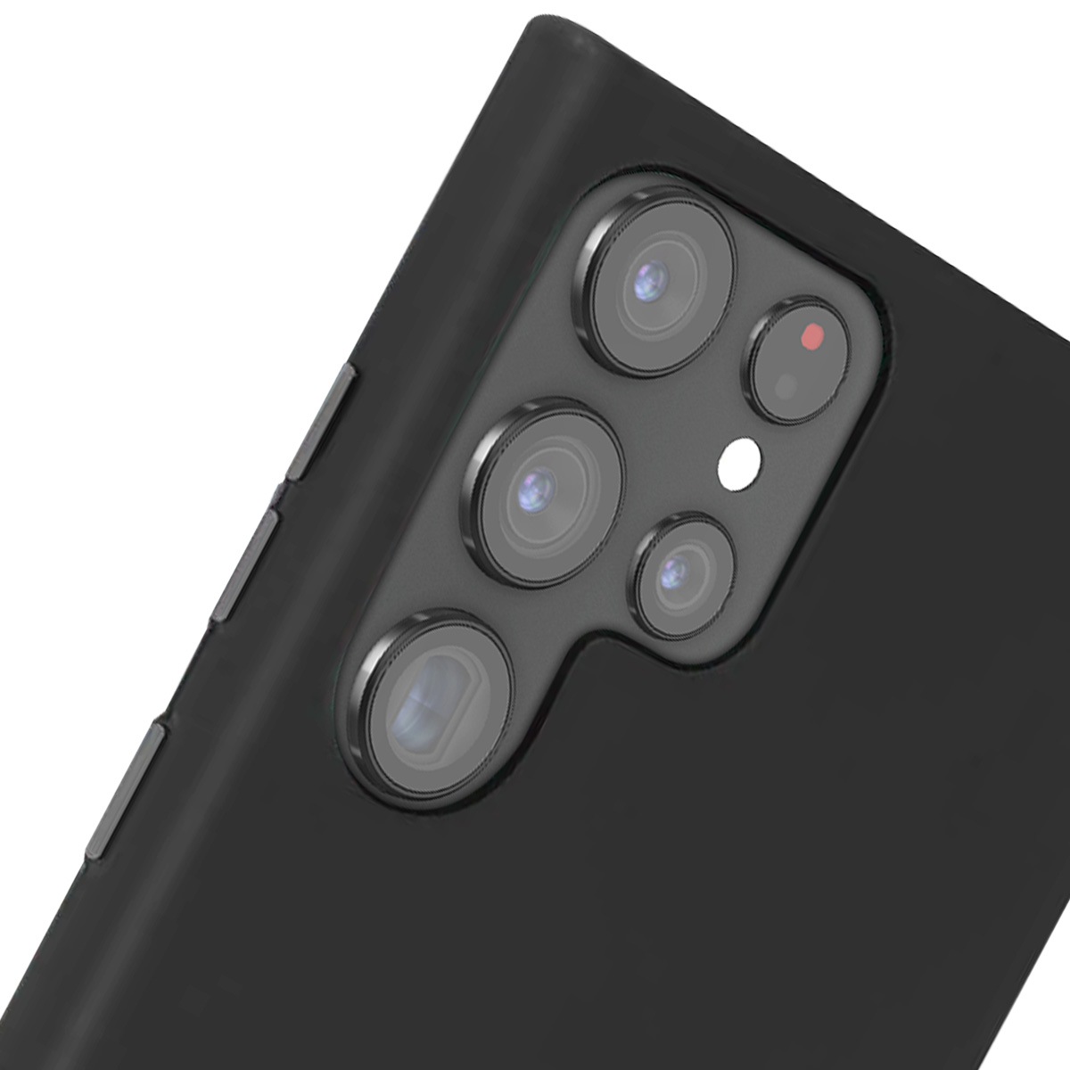 Retro di smartphone nero con più obiettivi della fotocamera. Il lato del telefono mostra i pulsanti di accensione e volume. Lo sfondo è bianco.