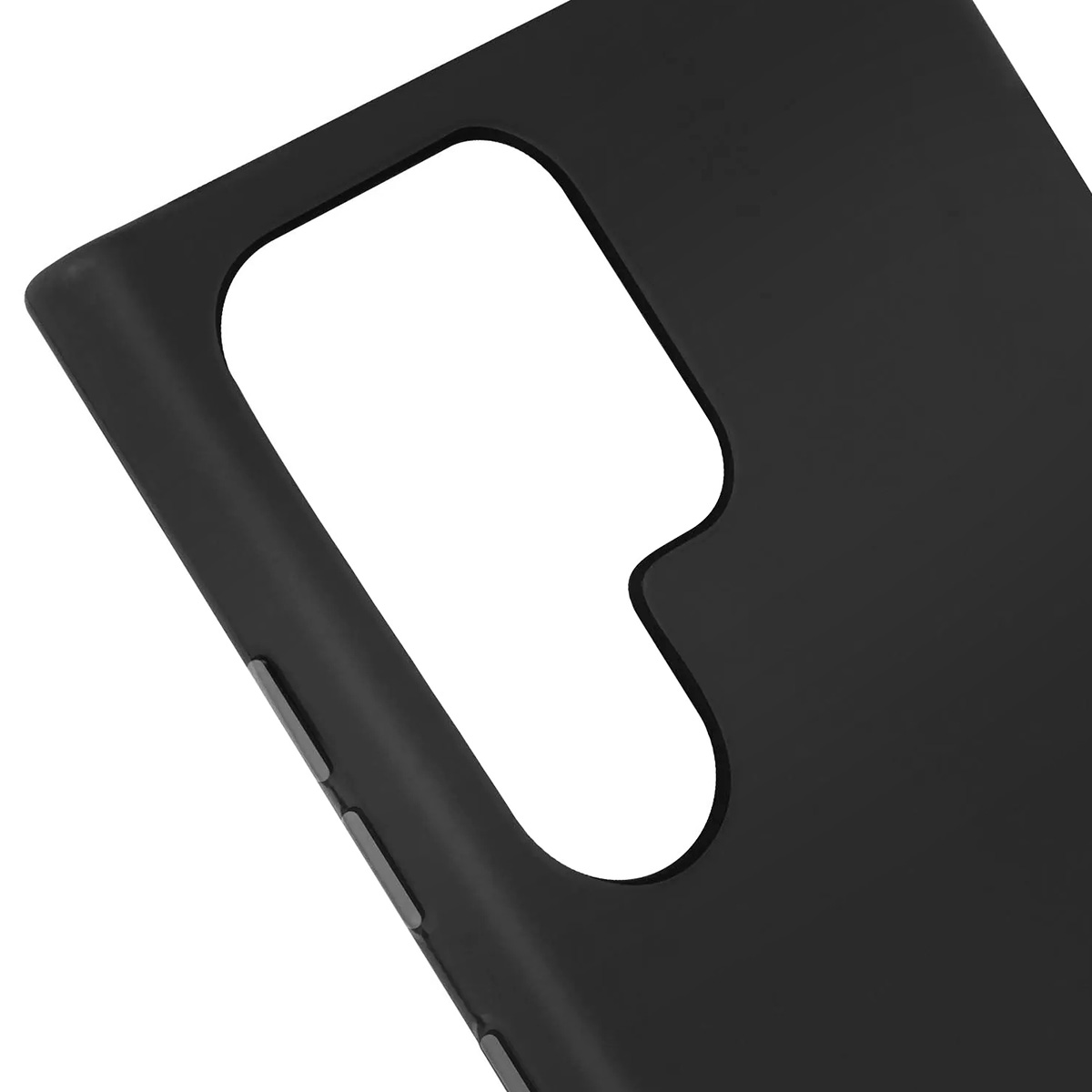 Primo piano di una custodia per telefono nera con un ritaglio per la fotocamera. La custodia ha bordi arrotondati e tre pulsanti grigi laterali.