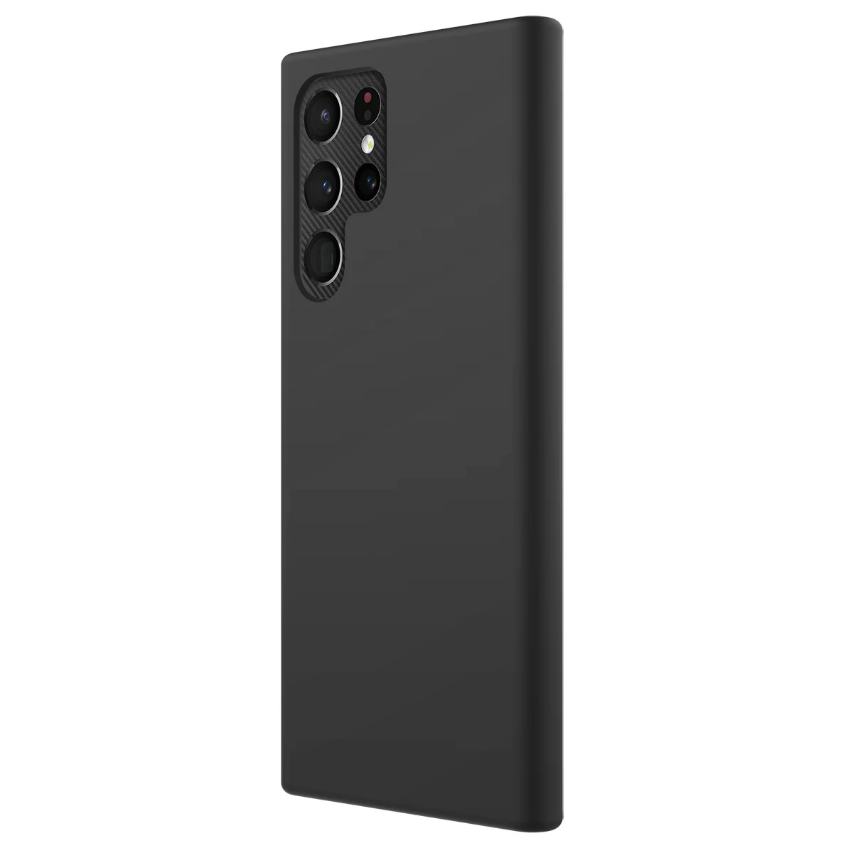 Uno smartphone nero con un array di fotocamere, leggermente angolato. Il telefono ha una finitura opaca. Sfondo bianco.