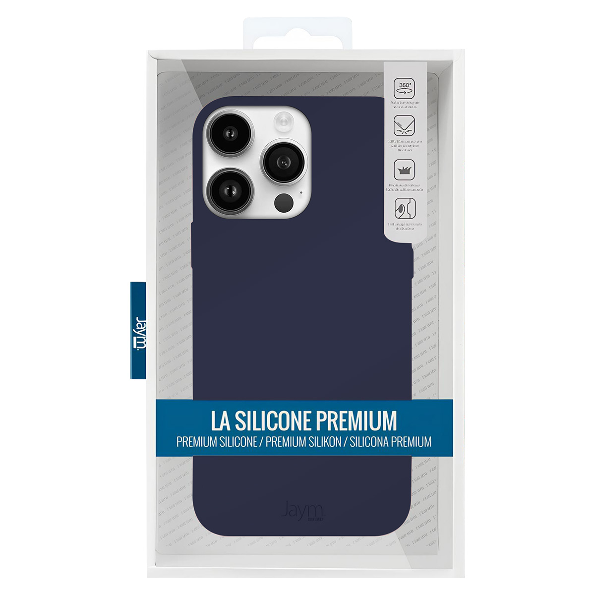 Una custodia per telefono blu navy è esposta nella sua confezione. Il testo dice "La Silicone Premium". La confezione mostra le caratteristiche e il logo del marchio.