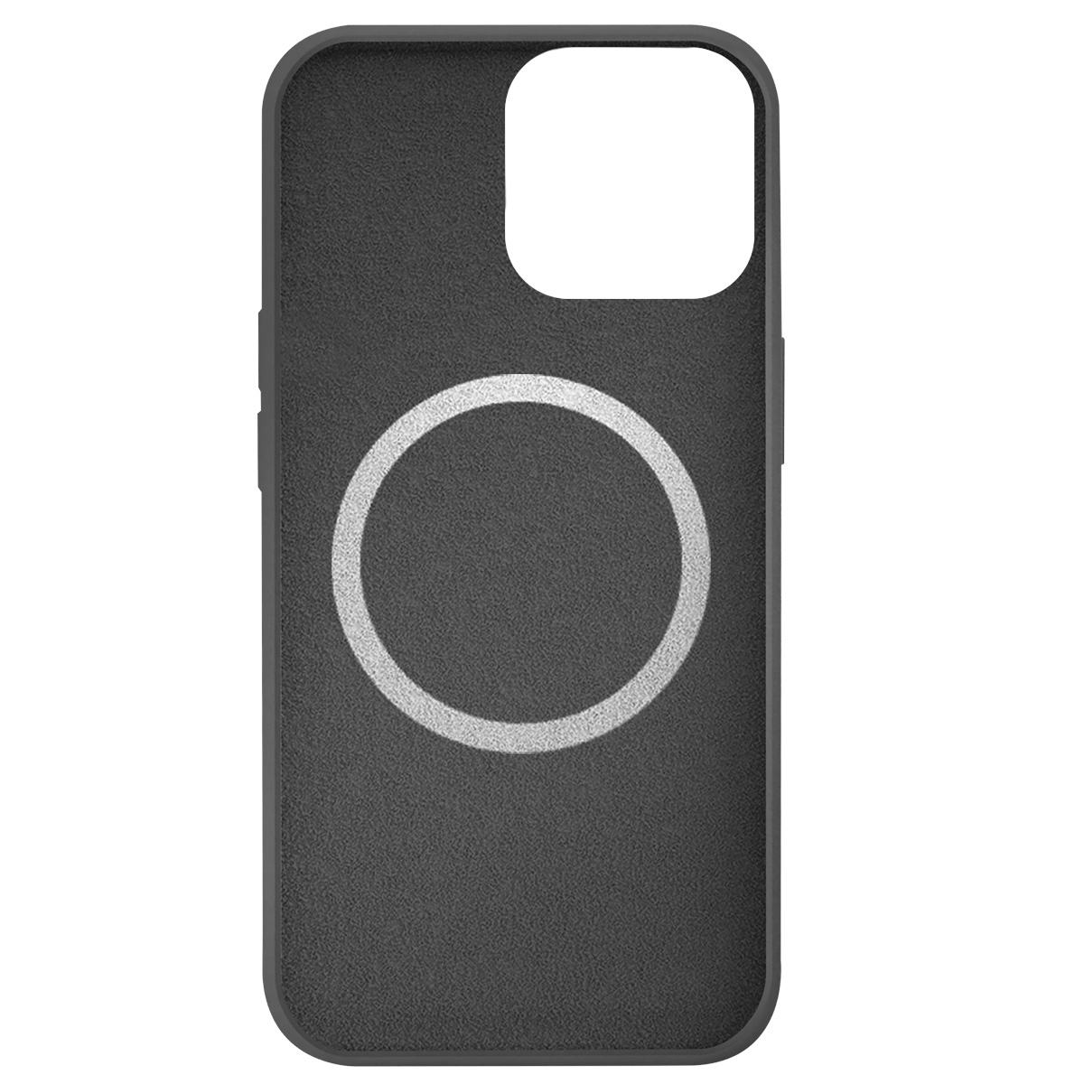 Una custodia per telefono grigio scuro con un cerchio bianco al centro e un ritaglio per la fotocamera.