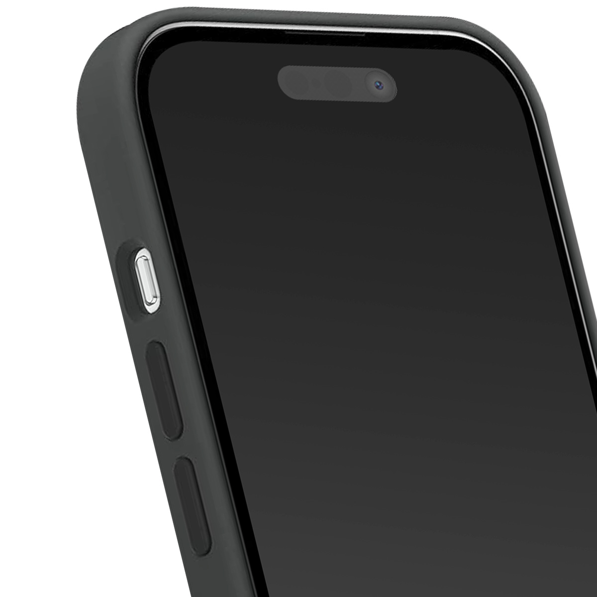 Primo piano di uno smartphone nero con schermo e pulsanti laterali. Il telefono è in una custodia grigio scuro.