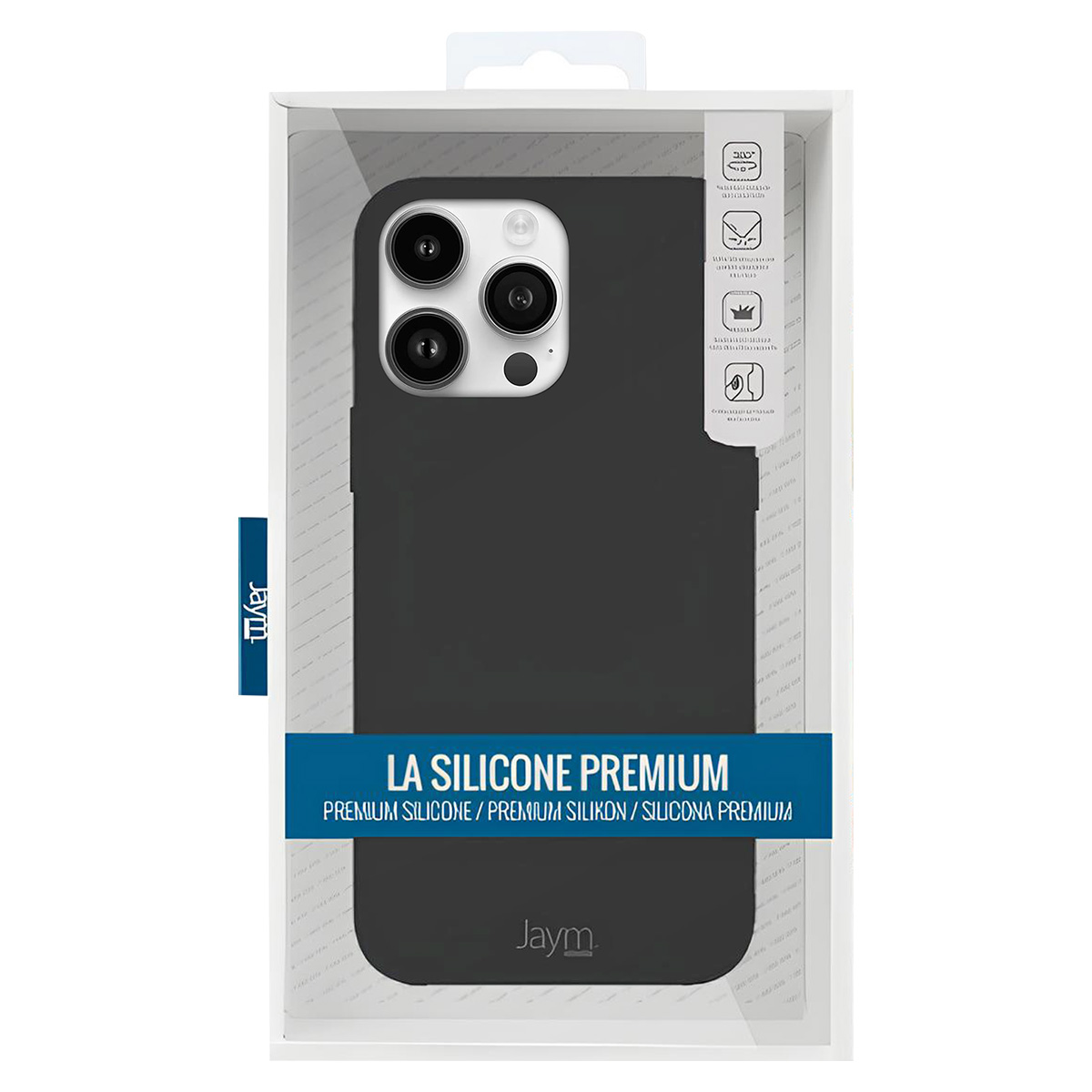 Una custodia nera per telefono in una confezione trasparente. L'etichetta dice 'LA SILICONE PREMIUM'. È visibile anche il marchio 'Jaym'.