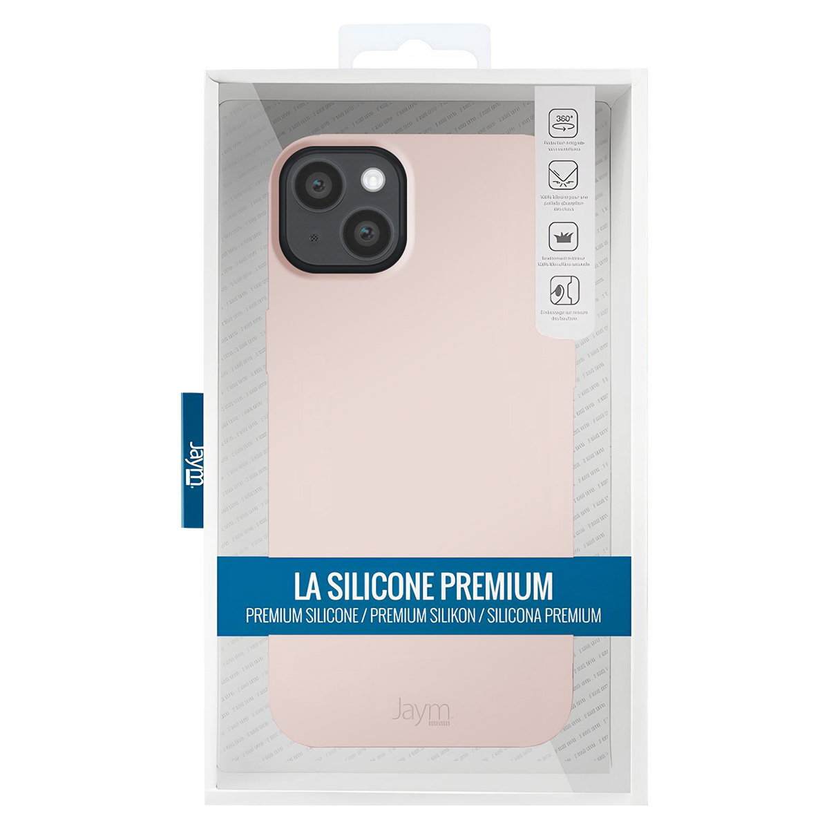 Una custodia per telefono in una confezione trasparente. La custodia è rosa, con una fotocamera nera. Il testo sulla confezione dice 'LA SILICONE PREMIUM'.