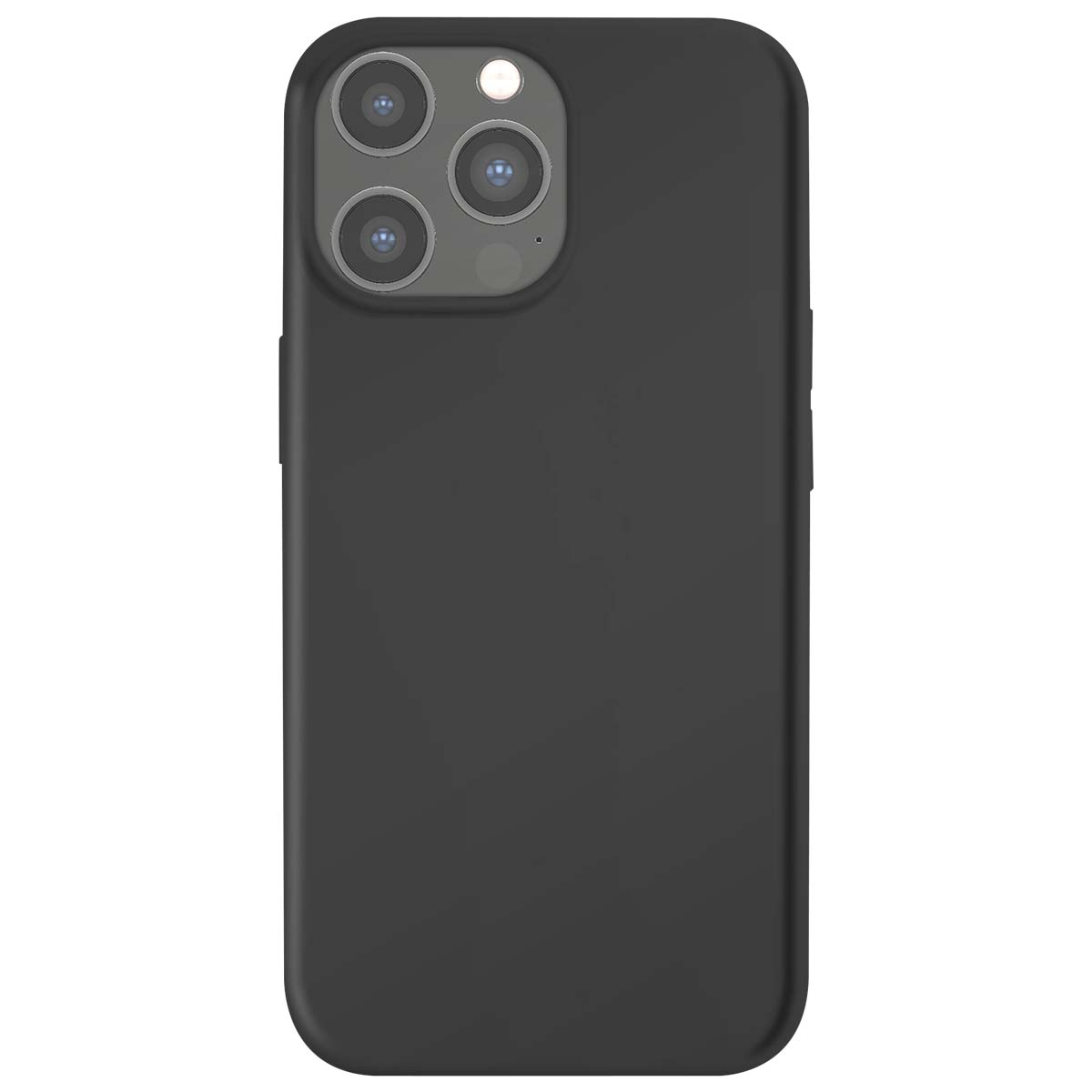 Una custodia nera per smartphone con tre lenti della fotocamera e un flash. La custodia è rettangolare con angoli arrotondati.