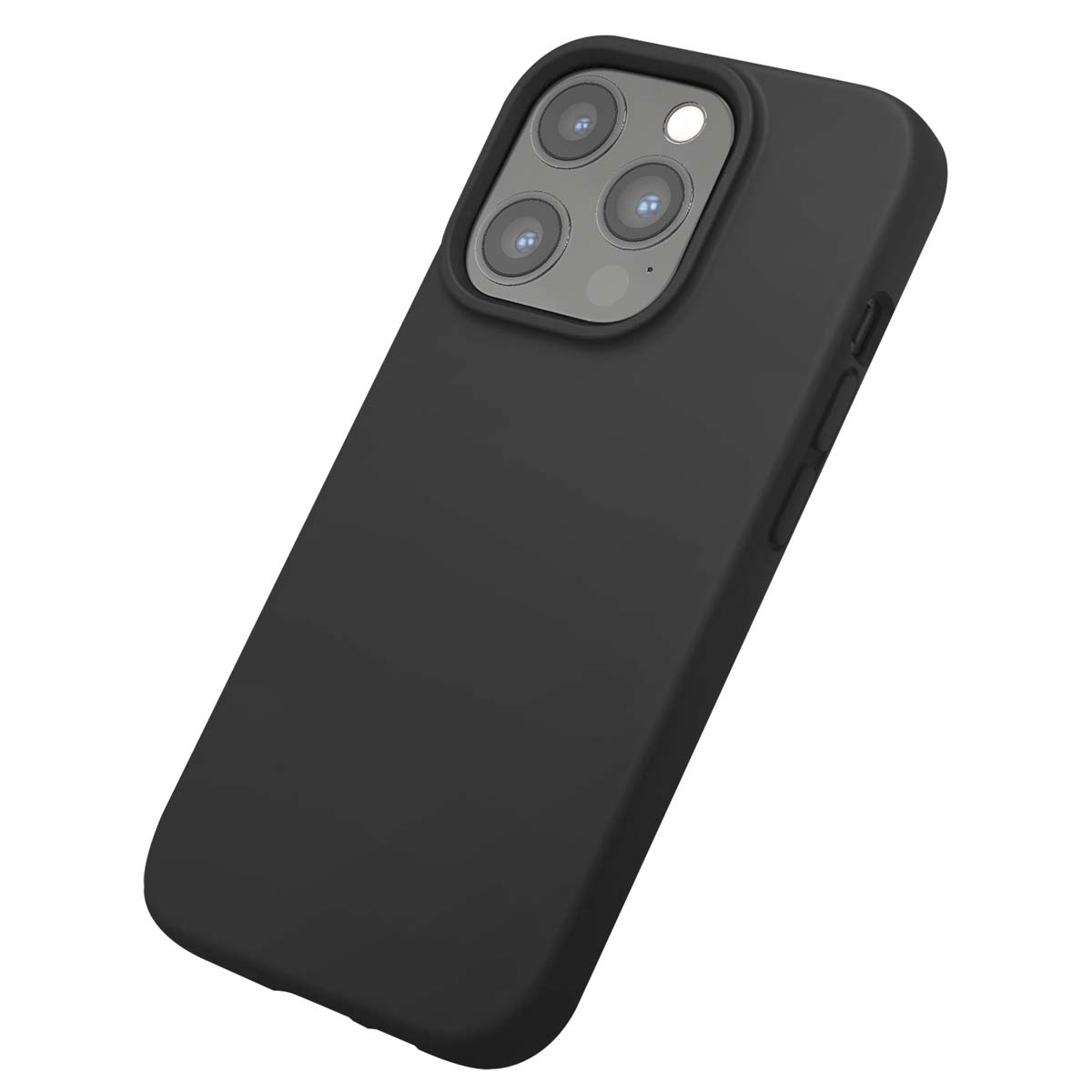 Una custodia nera per telefono con lenti della fotocamera e flash è angolata. La custodia copre i lati e il retro di un telefono.