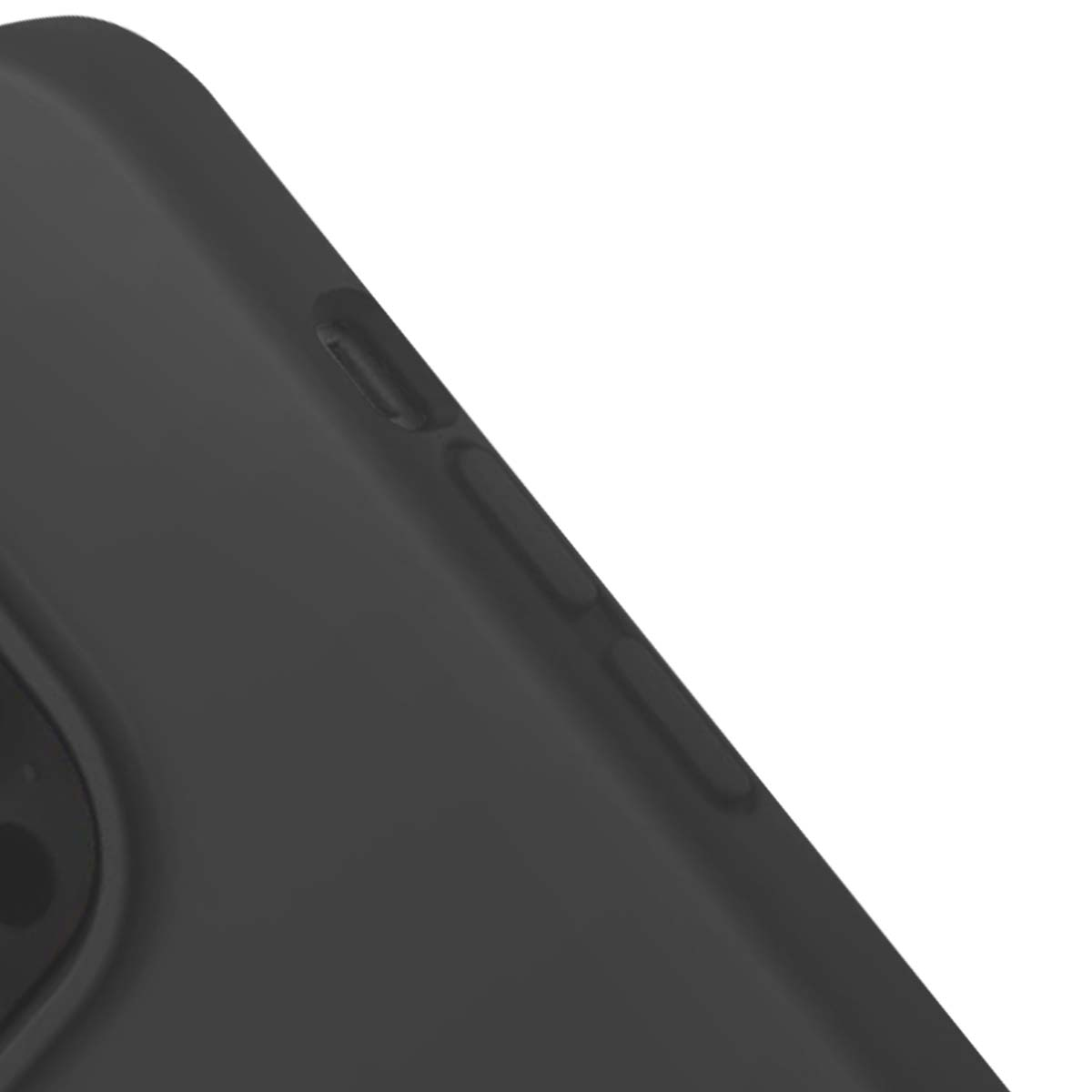 Primo piano di una custodia per telefono grigio scuro. I pulsanti sono visibili sul lato, su sfondo bianco.