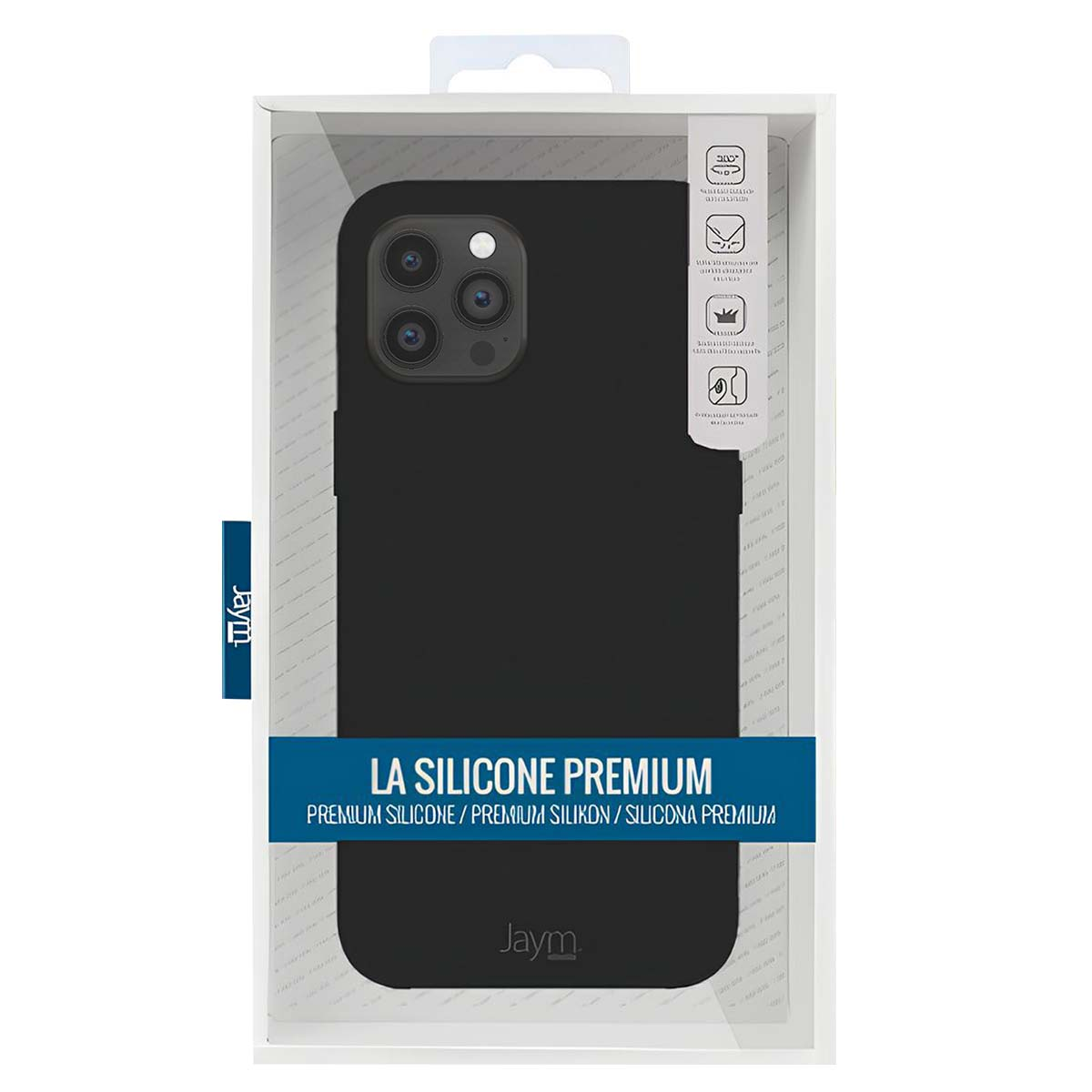 Una custodia nera per telefono in una scatola. La scatola dice 'LA SILICONE PREMIUM'. La custodia ha un ritaglio per la fotocamera.