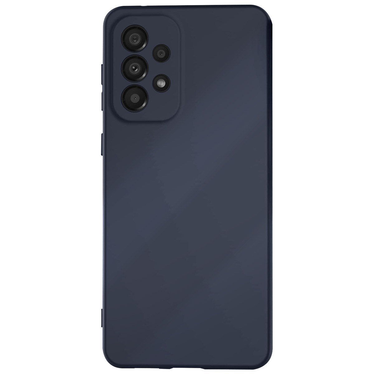 Una custodia per telefono blu navy. Il retro ha un modulo fotocamera con più obiettivi. La custodia copre il retro e i lati del telefono.