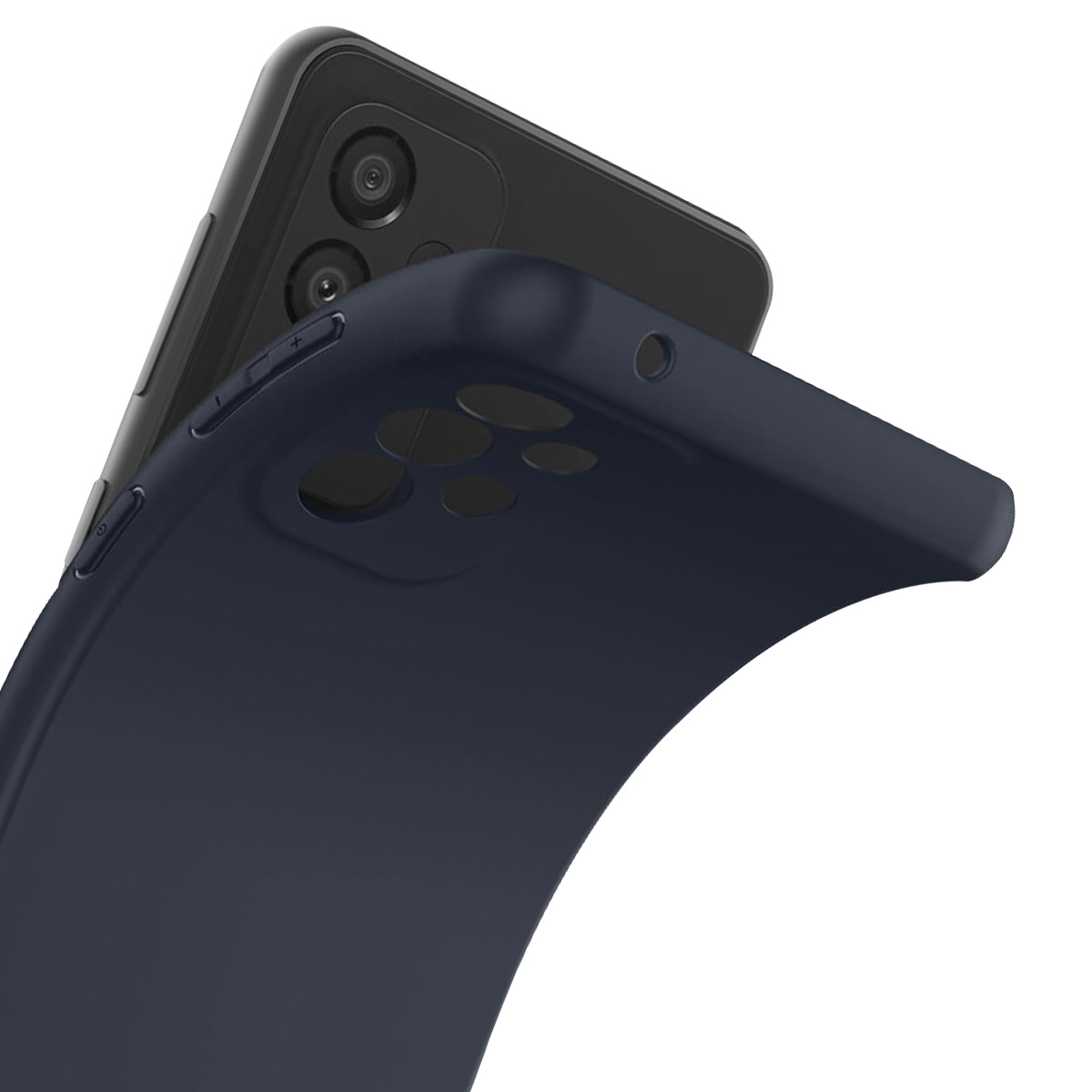 Una custodia blu scuro è posizionata sopra un telefono nero. Sono visibili le aperture della custodia e la fotocamera del telefono.