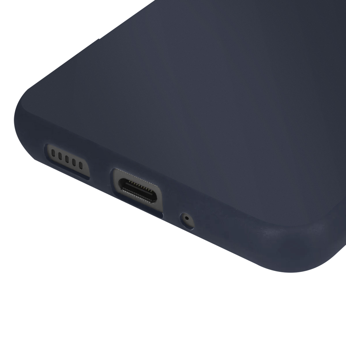 Un primo piano di una custodia per telefono blu scuro con porta di ricarica, altoparlante e diversi piccoli fori sul bordo inferiore.