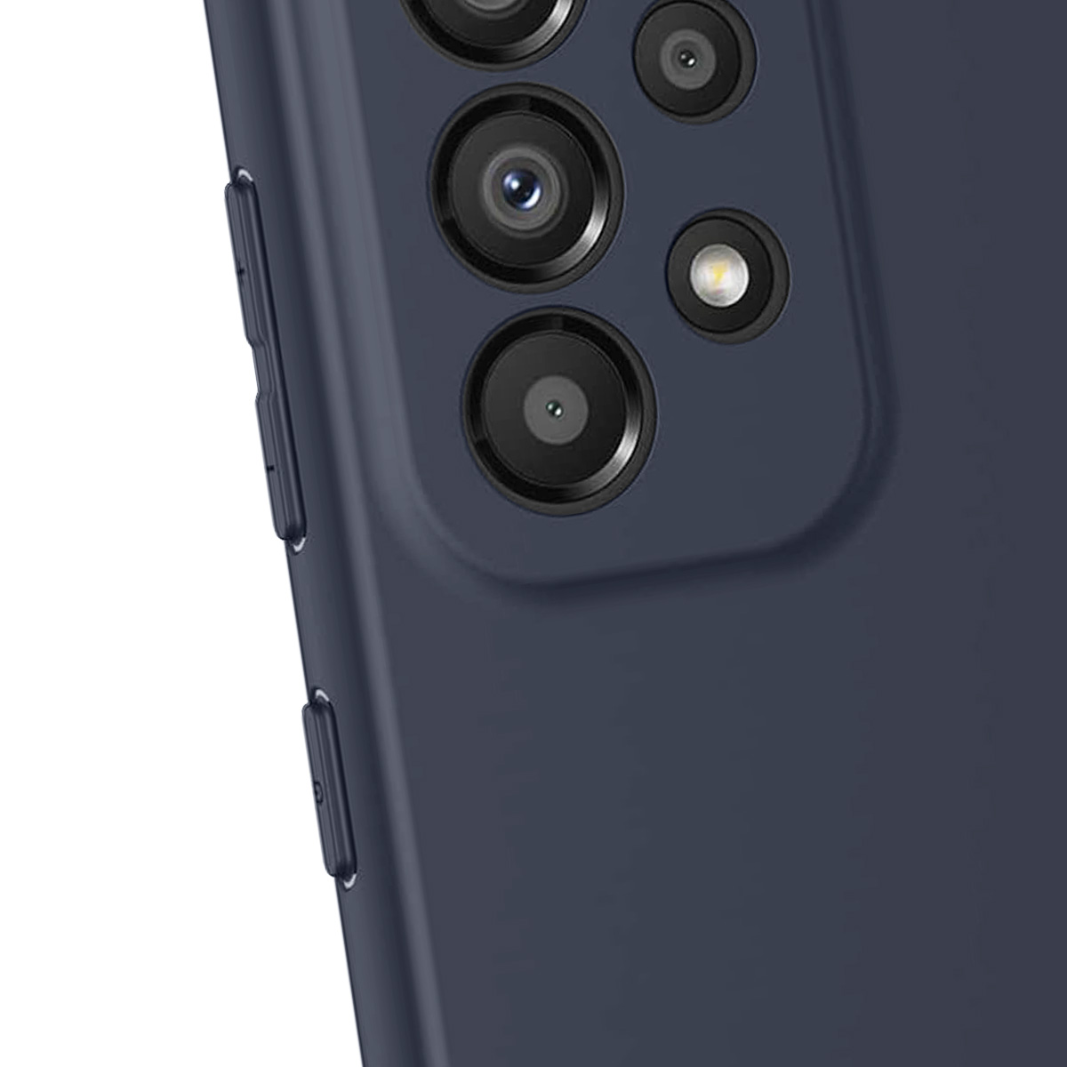 Primo piano di un telefono blu scuro. Sono visibili più obiettivi della fotocamera e pulsanti sul lato del telefono. Sfondo bianco.