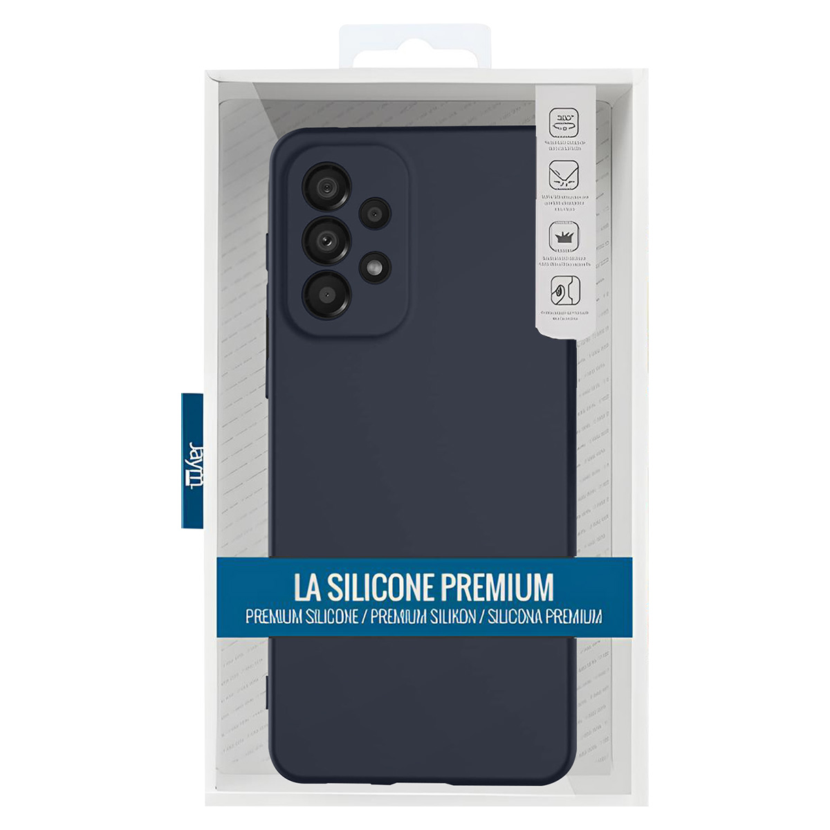 Custodia per telefono blu scuro in una scatola. Il testo recita: 'LA SILICONE PREMIUM'. La custodia ha ritagli per la fotocamera. La confezione contiene testo.