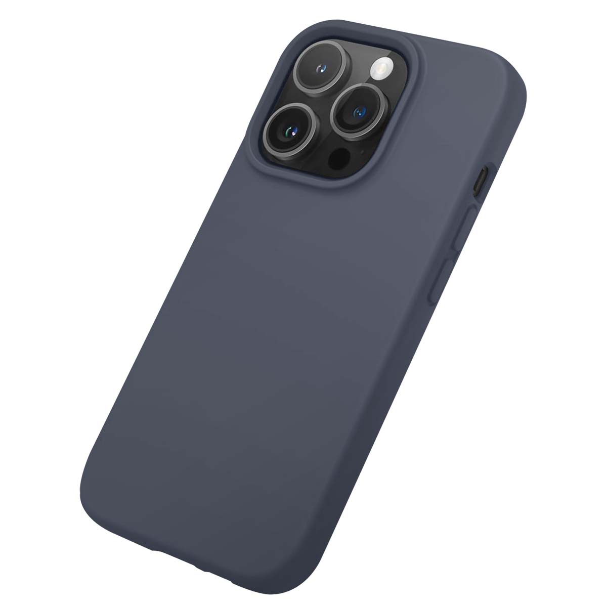 Una custodia per telefono blu scuro. Ha un modulo fotocamera con tre lenti. La custodia è leggermente angolata.