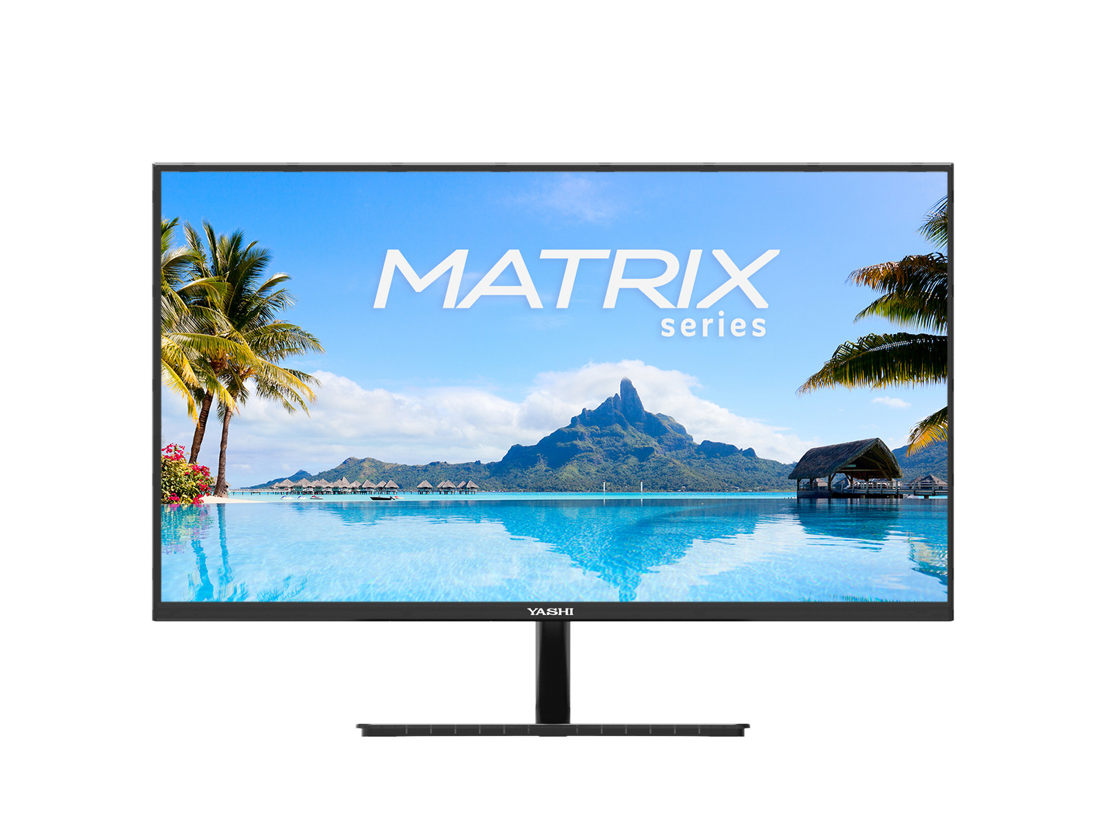 Monitor komputera wyświetla tropikalną scenę z tekstem "MATRIX series". Widoczne są palmy, woda, góry i małe chatki.