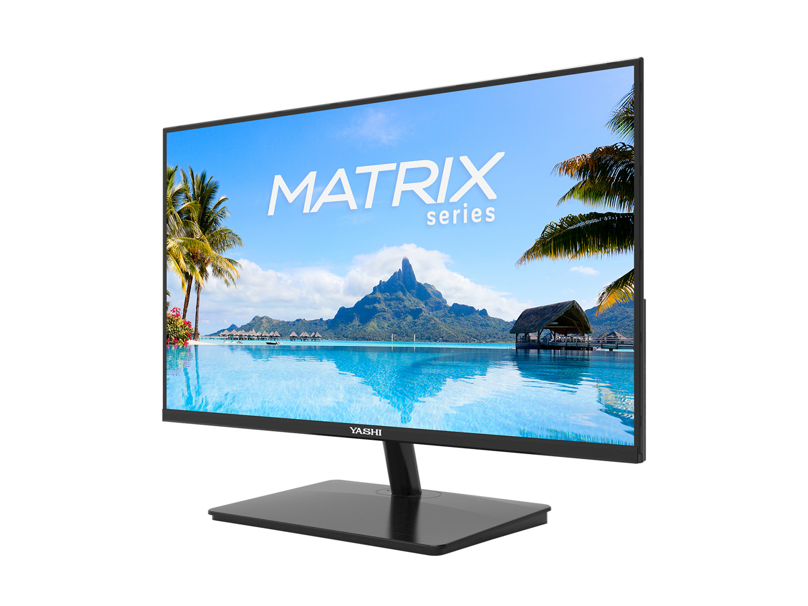 Monitor komputera wyświetla tropikalną scenę. Na ekranie napis 'MATRIX series'. Monitor jest czarny na białym tle.