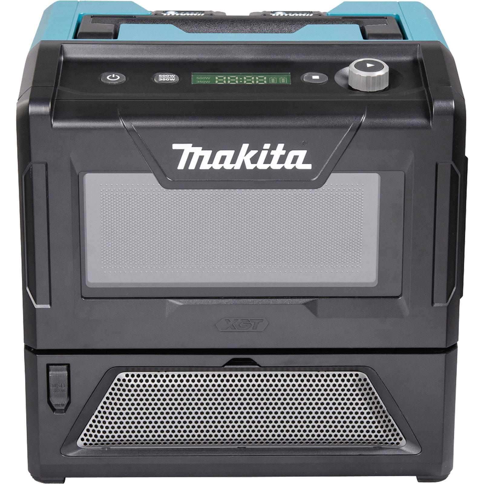 Una stazione di alimentazione Makita nera e turchese. Ha uno schermo, comandi e il logo Makita. Il fondo ha uno sfogo.