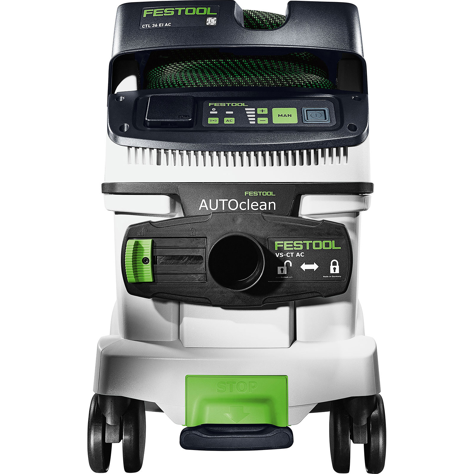Un aspirapolvere Festool. È bianco e nero con dettagli verdi. Include un tubo, un pannello di controllo e ruote. Con la parola 'STOP'.