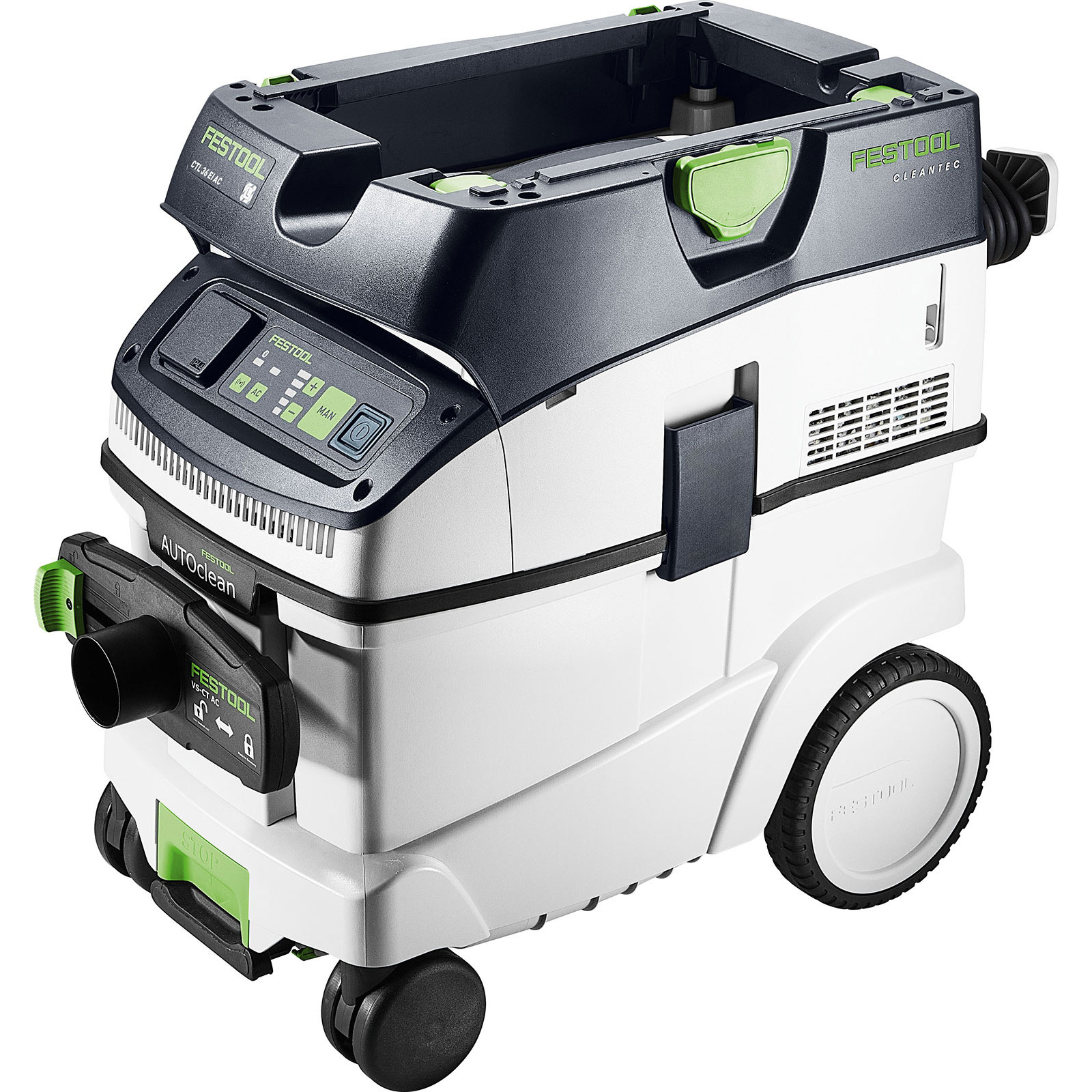 Un aspirapolvere Festool bianco e nero con dettagli verdi. Ha ruote, un pannello di controllo e un tubo.