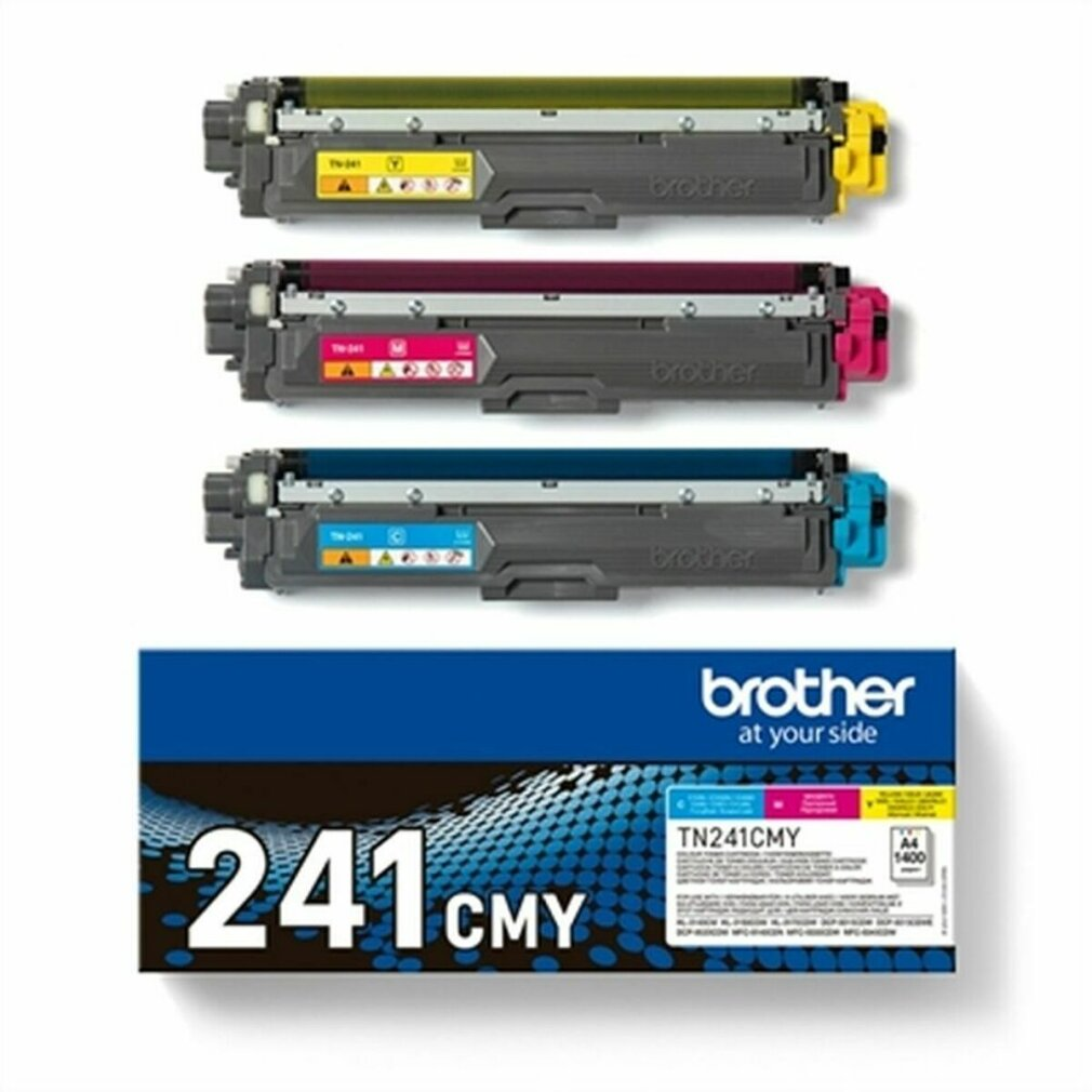 Drei farbige Brother-Tonerkartuschen: gelb, magenta und cyan über einer Box mit den gleichen Farben, dem Text '241 CMY'.