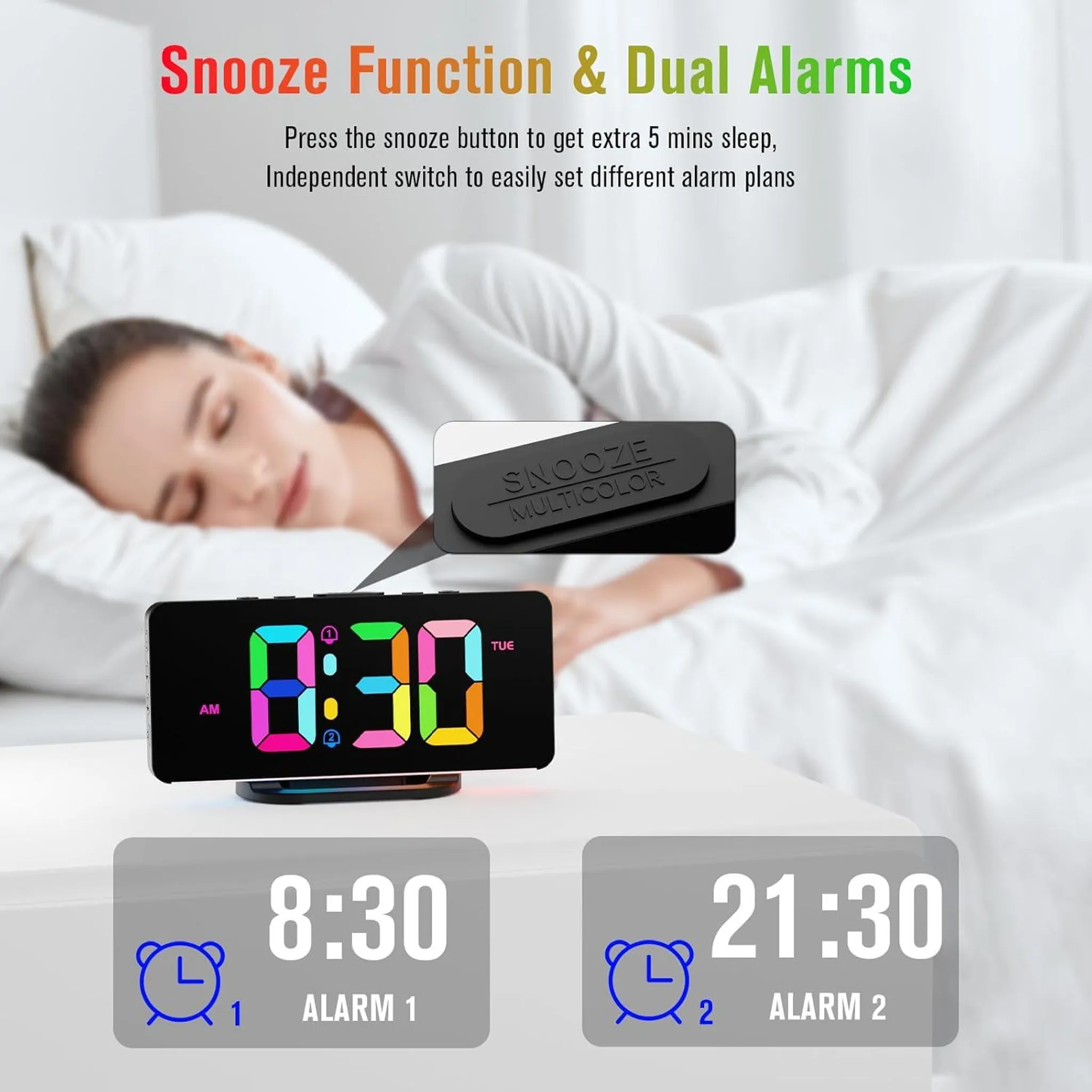 Eine Frau schläft neben einer Digitaluhr, die 8:30 anzeigt. Die Uhr hat eine Schlummertaste. Zwei Alarme werden angezeigt: 8:30 und 21:30.