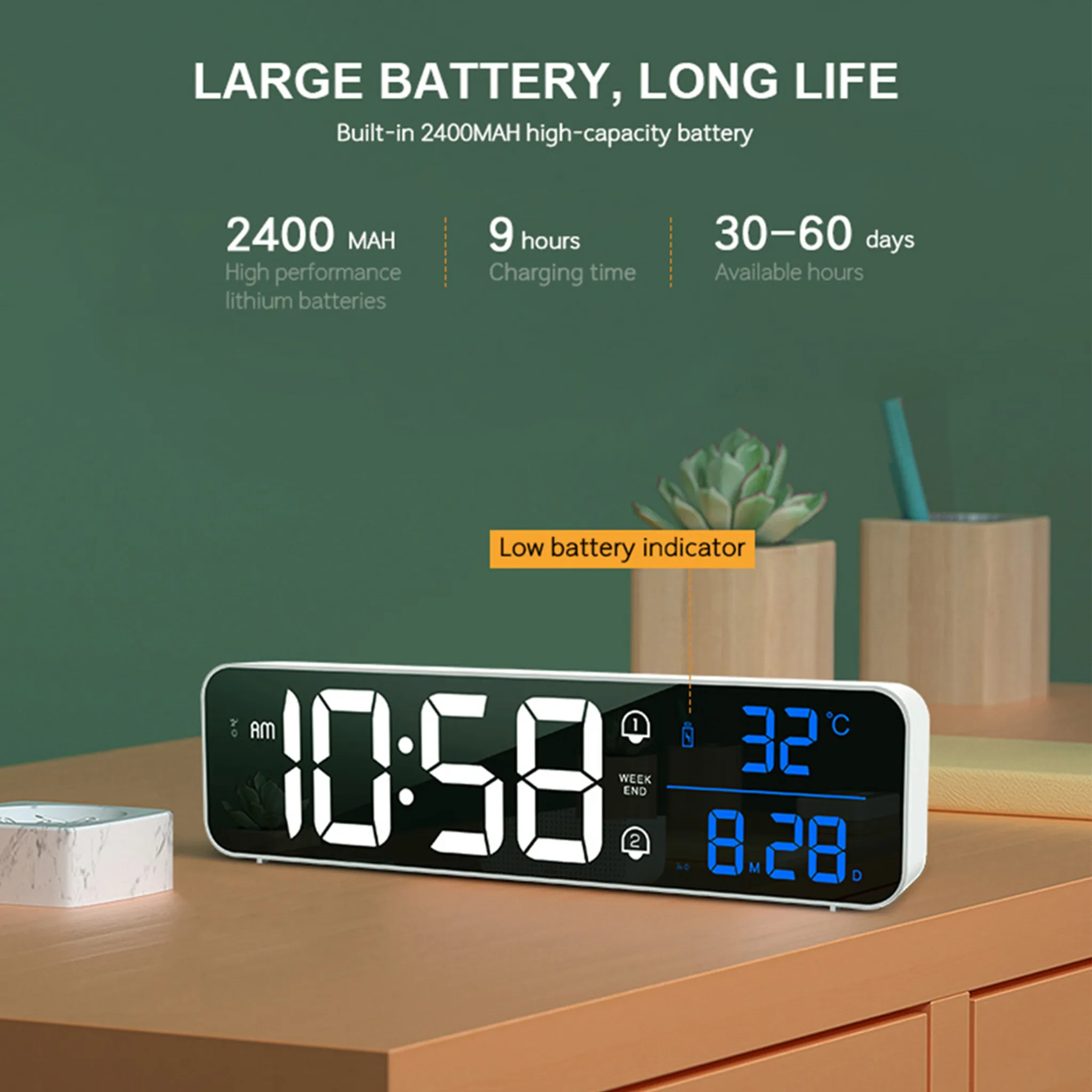 Eine Digitaluhr zeigt 10:58, 32°C und 8.28 an. Sie steht auf einer Holzoberfläche mit einer Pflanze und einer kleinen Box.