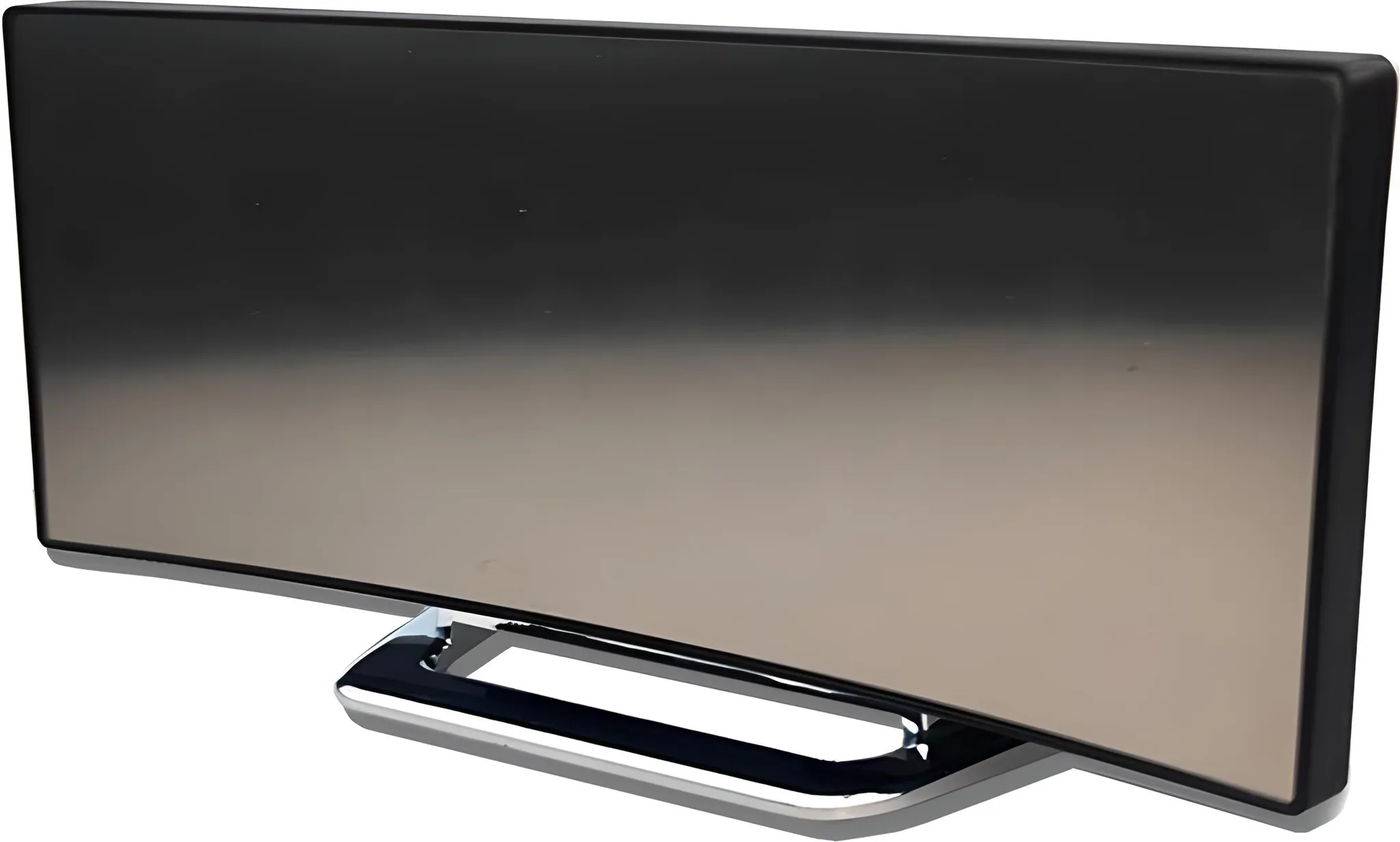 Ein gebogener Computermonitor mit schwarzem Rahmen und silbernem Sockel. Der Bildschirm hat einen Farbverlauf von dunkel nach hell.