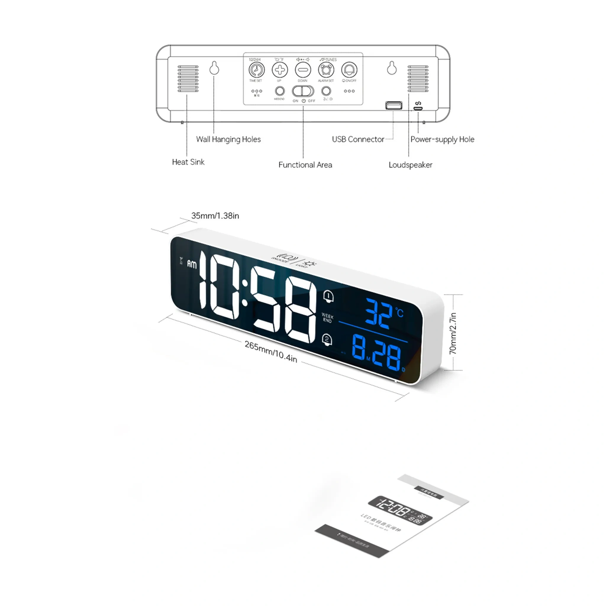 Eine Digitaluhr, die Zeit, Temperatur und Datum anzeigt. Sie hat Knöpfe und Beschriftungen für Einstellungen und ein Handbuch.