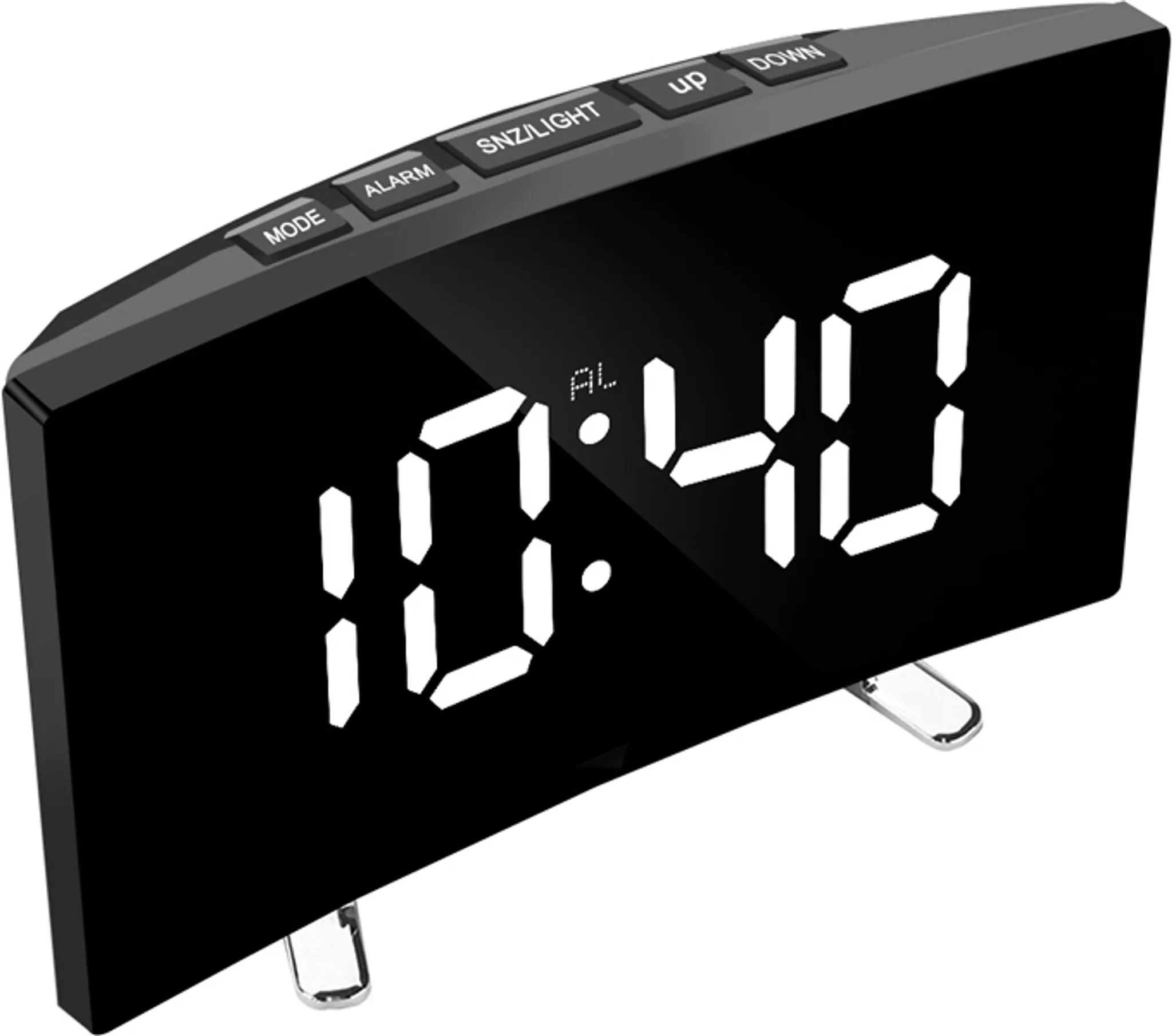 Schwarze Digitaluhr mit der Anzeige 10:40. Sie hat Tasten für Modus, Alarm und Schlummerfunktion. Sie steht auf zwei Metallfüßen.