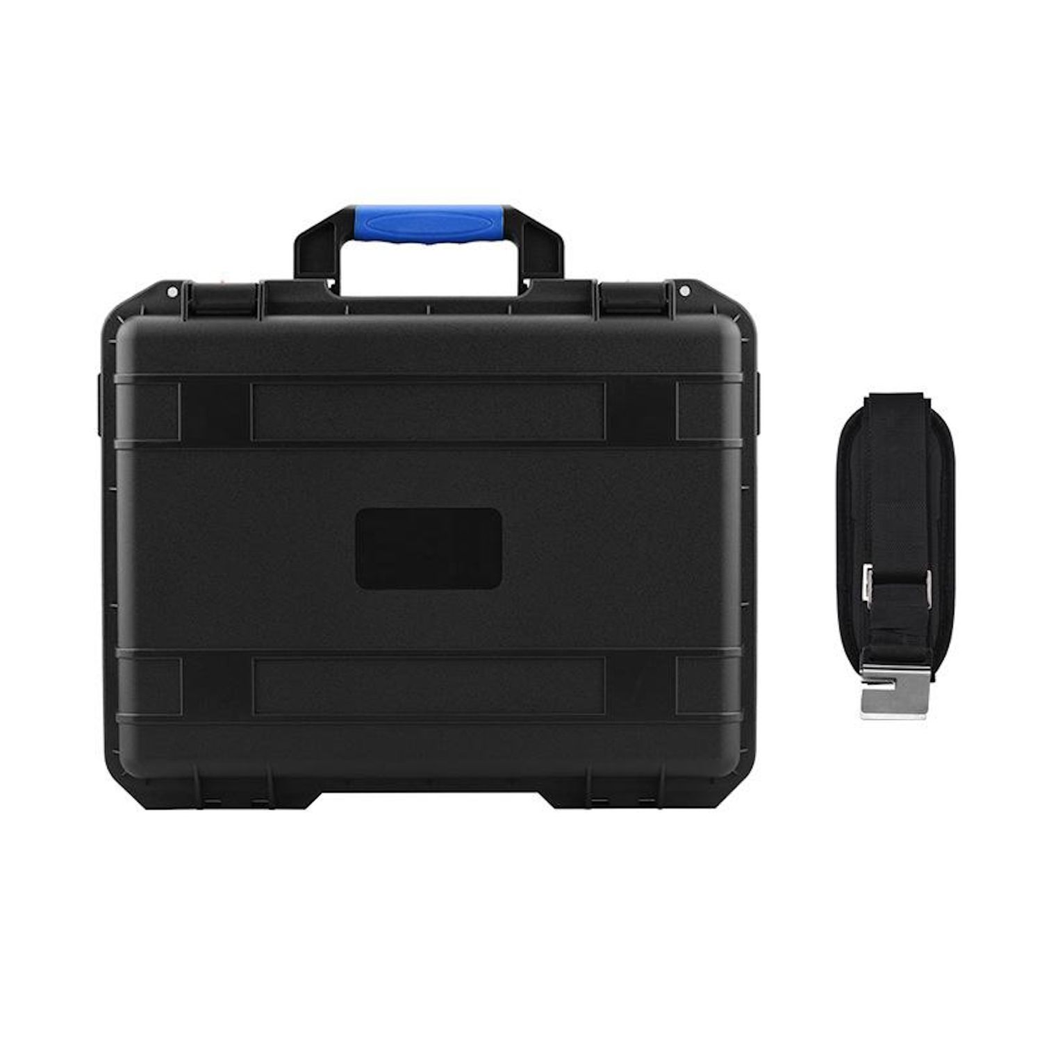 Custodia rigida nera con manico blu e cinghia nera separata, su sfondo bianco. La custodia è rettangolare.